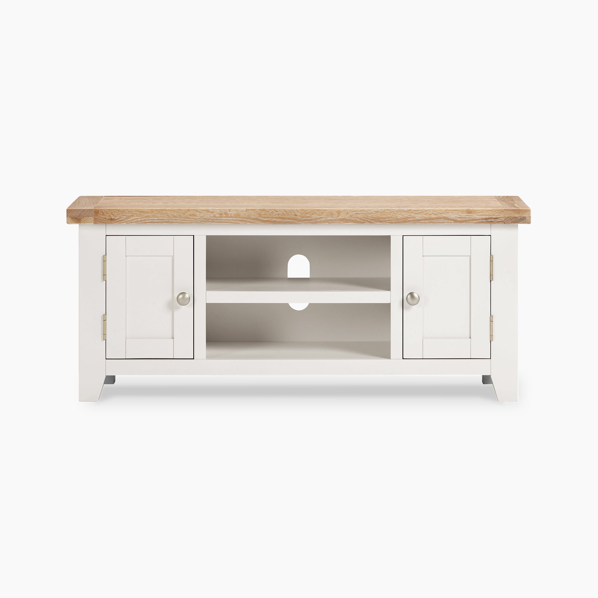 The Burford 120cm Media Unit in Warm White showcases a rustic charm with its white wooden body and white-washed oak top. It includes two cabinets and two central open shelves, providing a perfect balance of functionality and style.