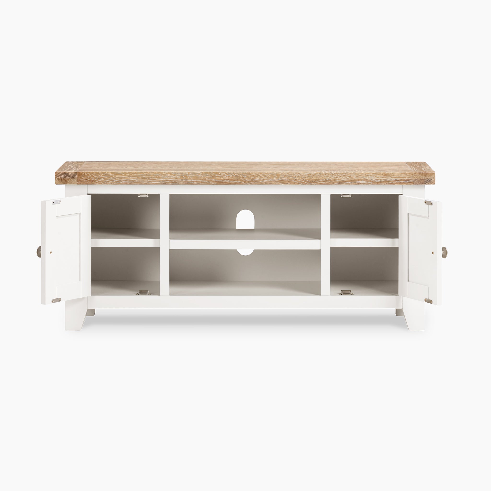 The Burford 120cm Media Unit in Warm White exudes rustic charm with its wooden build, open shelves, and two side cabinets. Its white-washed oak top adds a touch of elegance to this versatile TV stand.