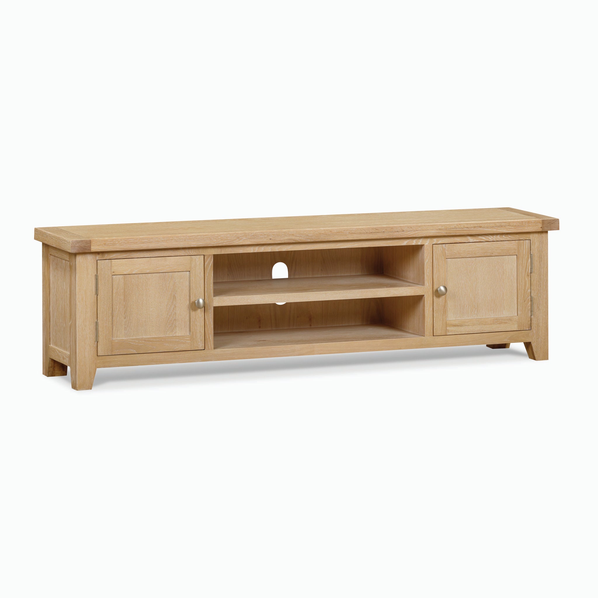 The Burford Large 180cm Media Unit in Natural Oak features two cabinets and two open shelves in the center, thoughtfully designed with cable management.