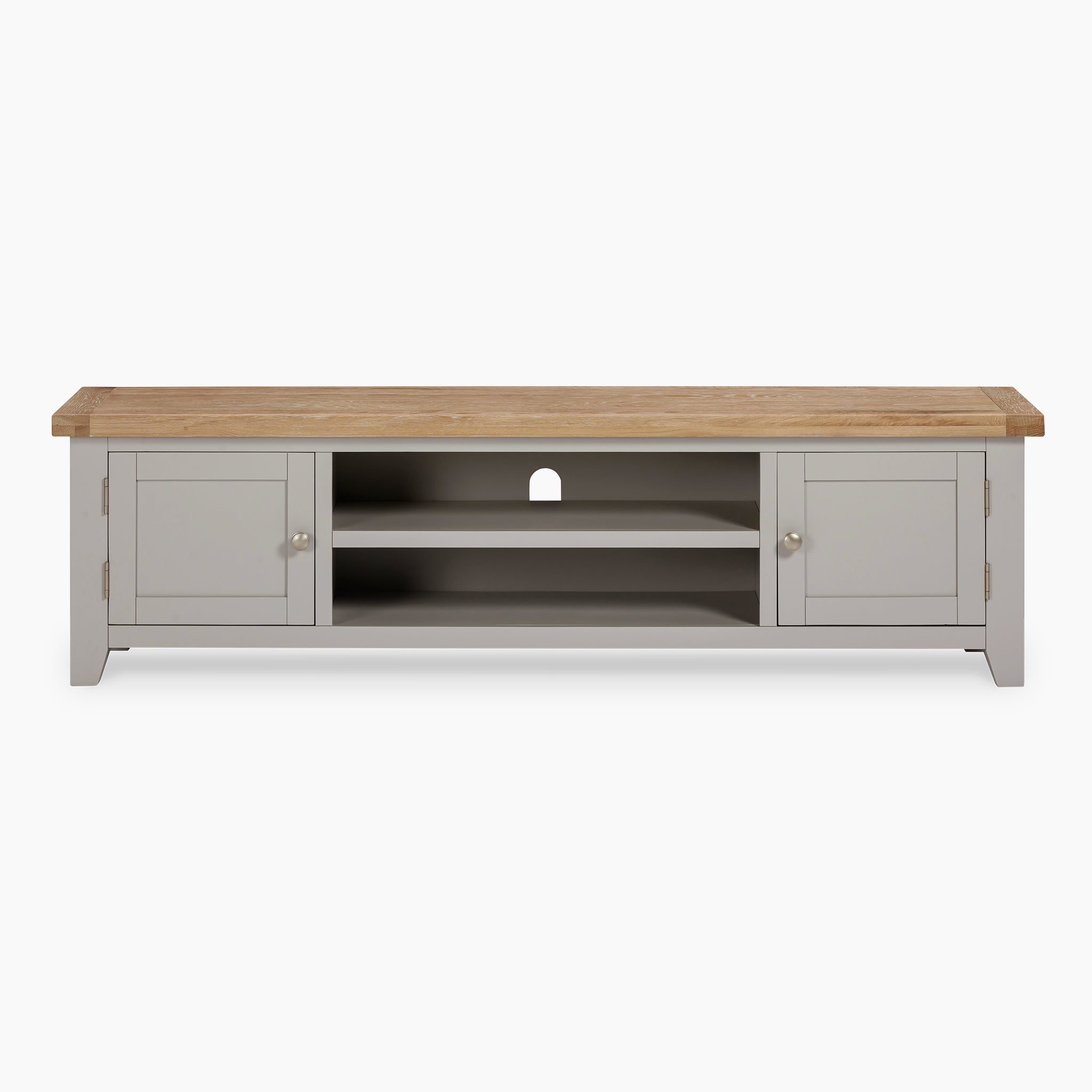 Burford Large 180cm Media Unit in Pebble Grey, showcasing a natural oak top with two side cabinets and two central open shelves.