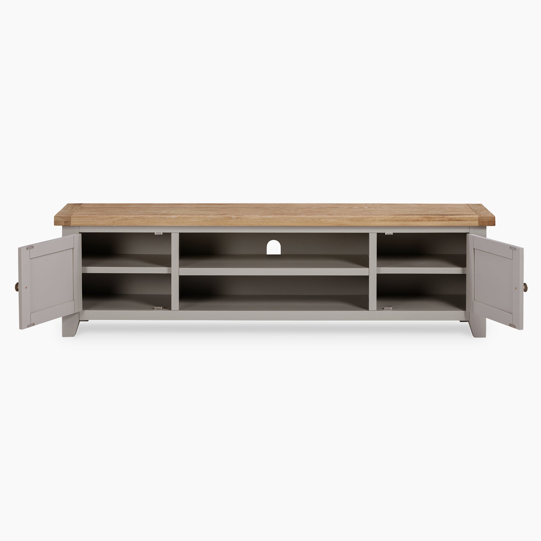 The Burford Large 180cm Media Unit in Pebble Grey offers a design with open shelving and two side doors, complemented by a wooden top that evokes the look of natural oak.