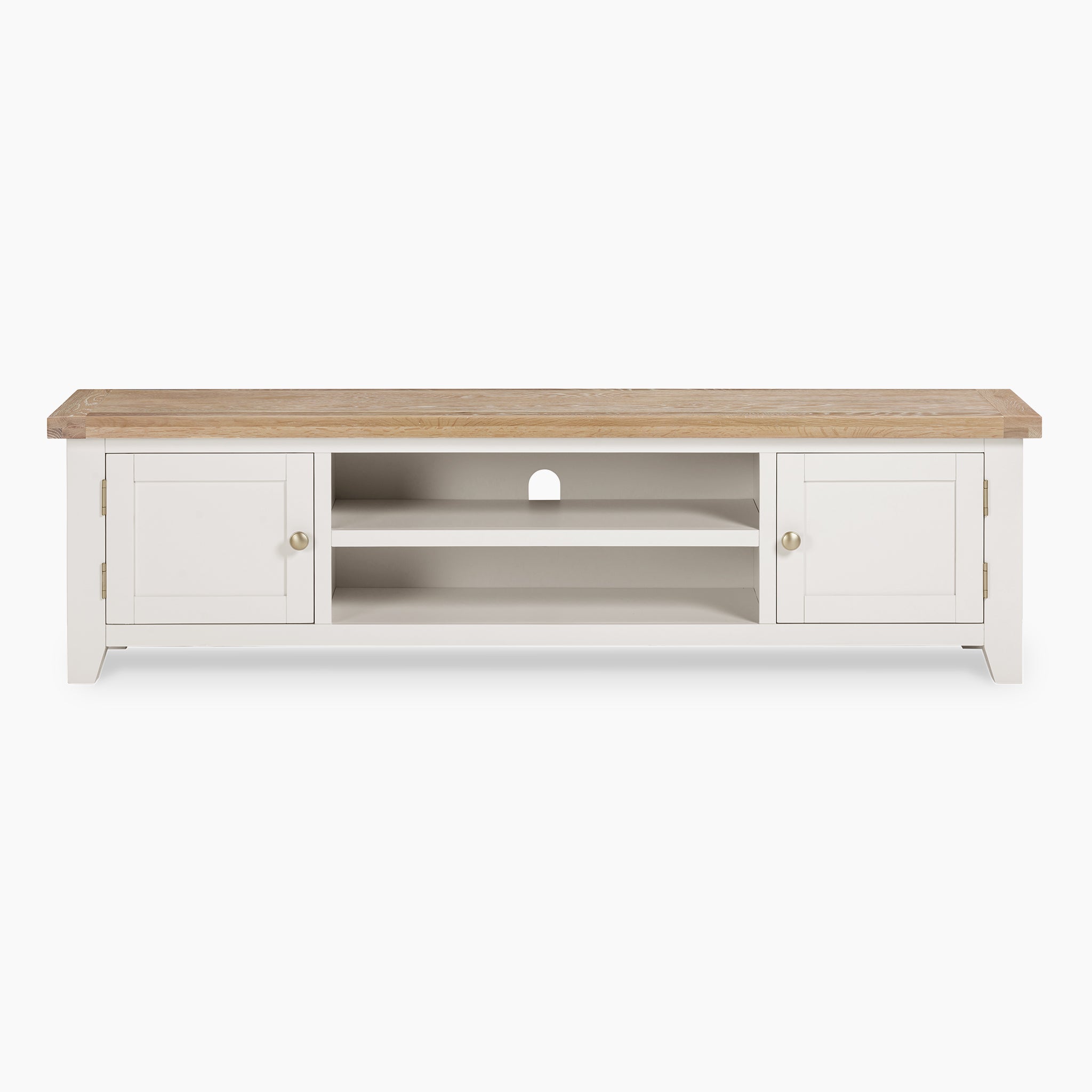 Burford Large 180cm Media Unit in Warm White with a natural oak top, featuring two cabinets and two open shelves in the center.