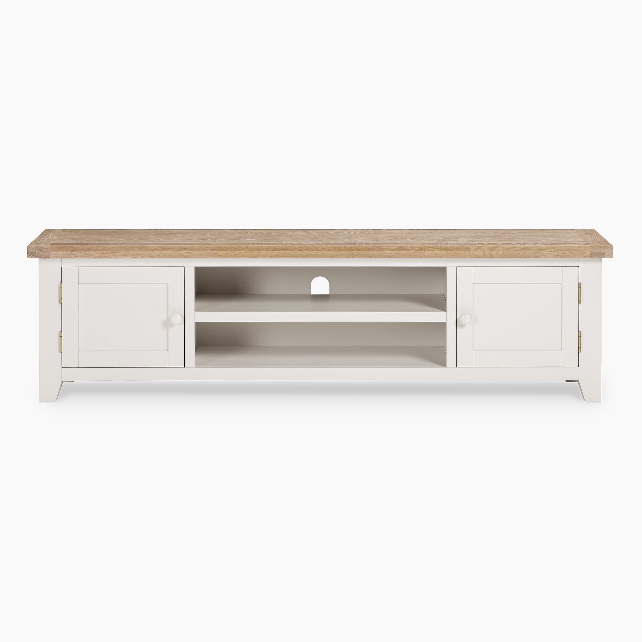 Burford Large 180cm Media Unit in Warm White with two cabinets, two open shelves, and a natural oak wooden top perfectly complements the Burford Ladderback Dining Chair.