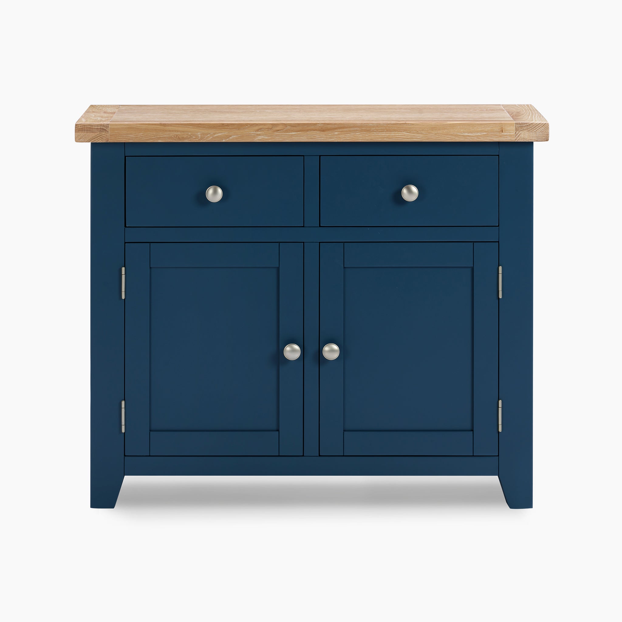 The Burford 2 Door 2 Drawers Sideboard in Navy Blue showcases a sophisticated design with its natural oak top. It includes two drawers and two doors, each enhanced by sleek silver knobs for added style and functionality.