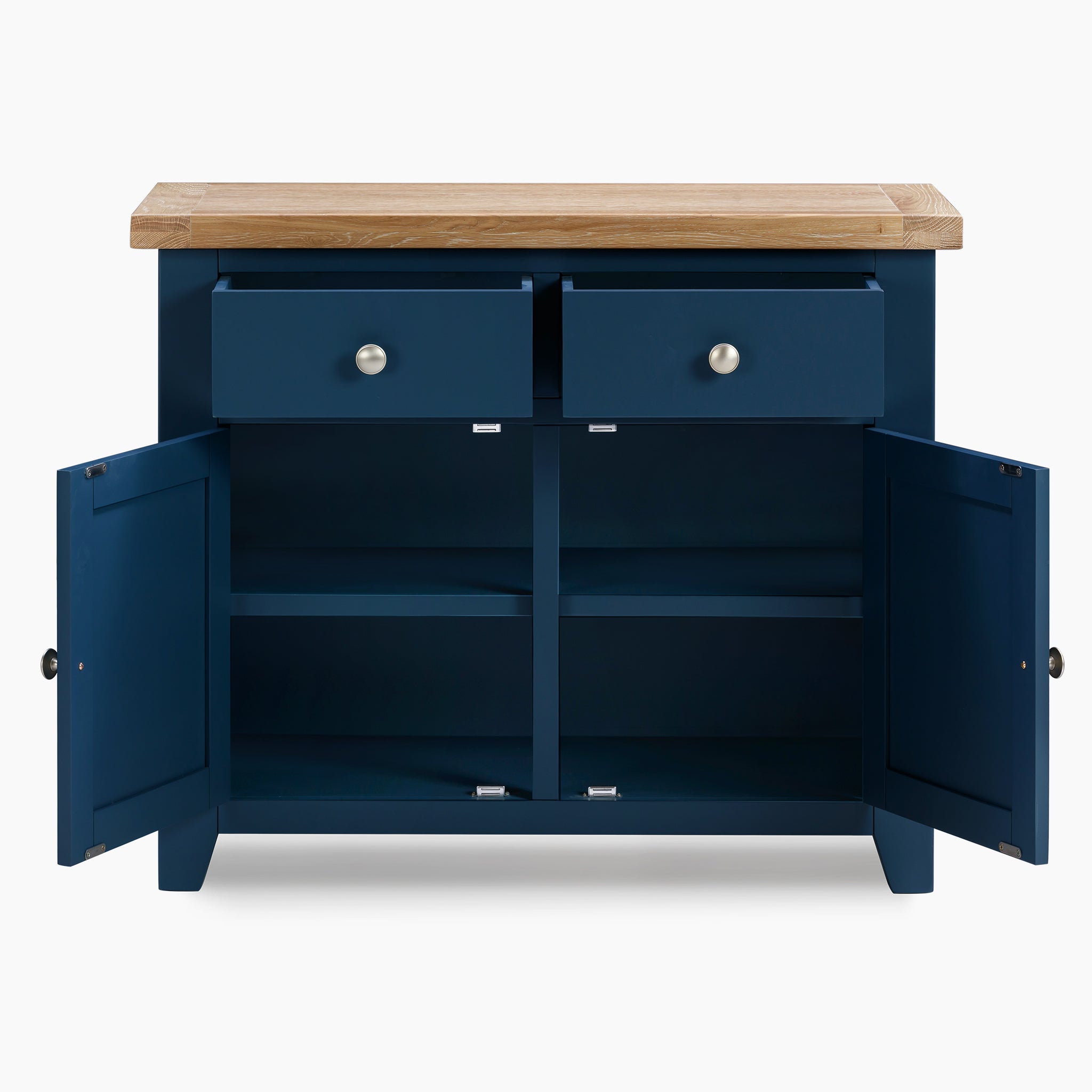 The Burford 2 Door 2 Drawers Sideboard in Navy Blue features two open drawers and doors that reveal spacious shelving, complemented by natural oak accents for an elegant touch.