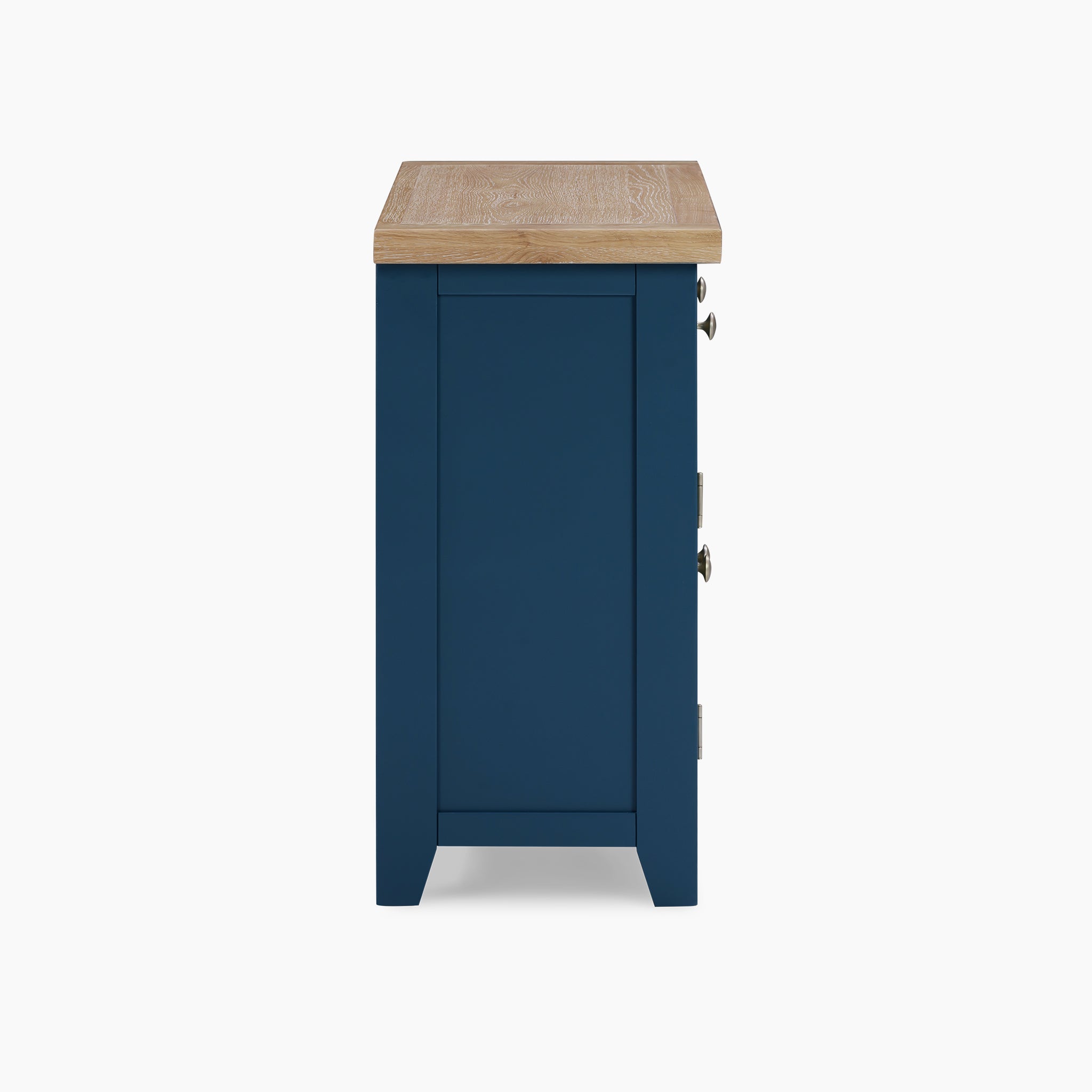 Side view of a Burford 2 Door 2 Drawers Sideboard in Navy Blue, showcasing a natural oak top against a white background.