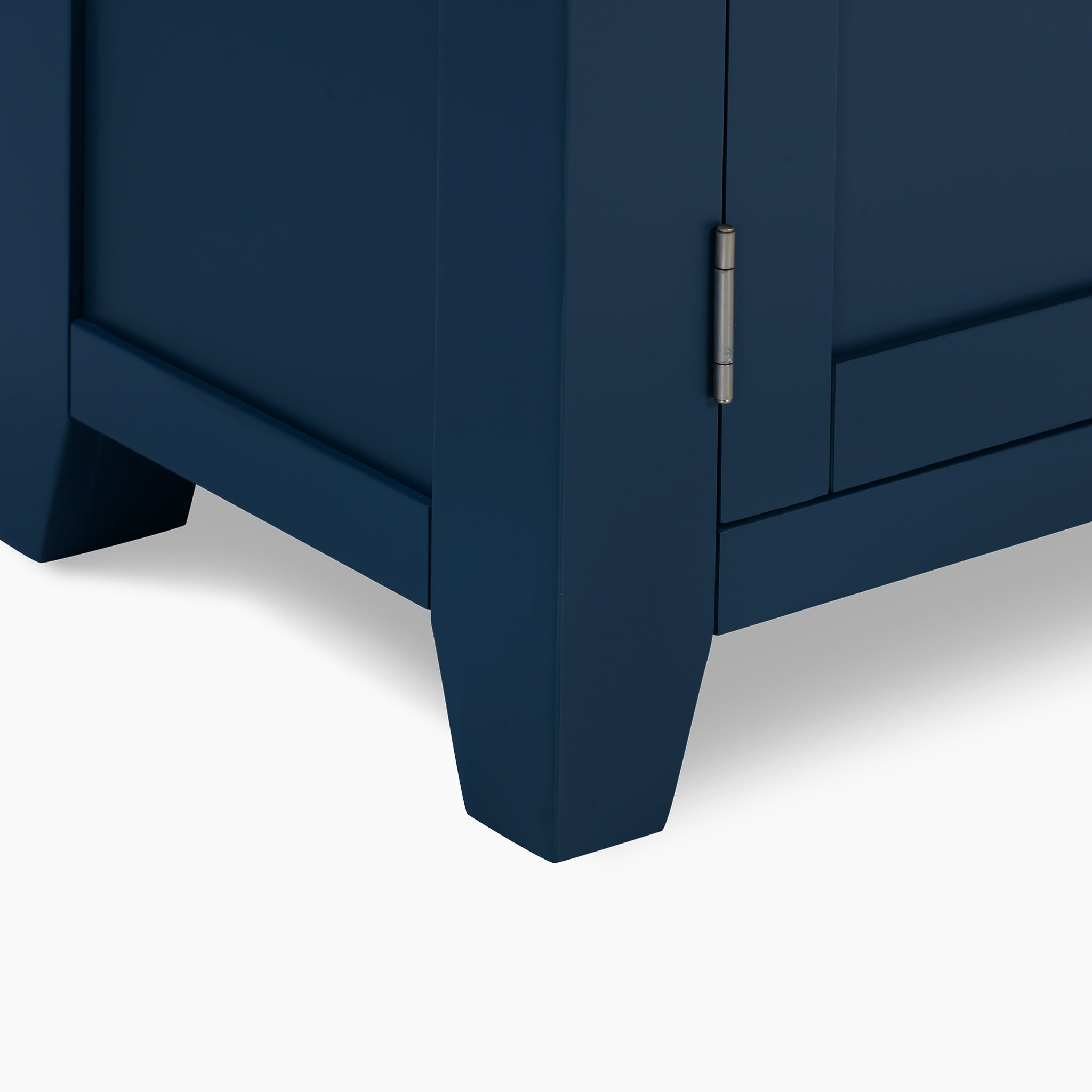 Close-up of the Burford 2 Door 2 Drawers Sideboard in navy blue, showcasing its hinged door and sturdy legs, set against a crisp white background.