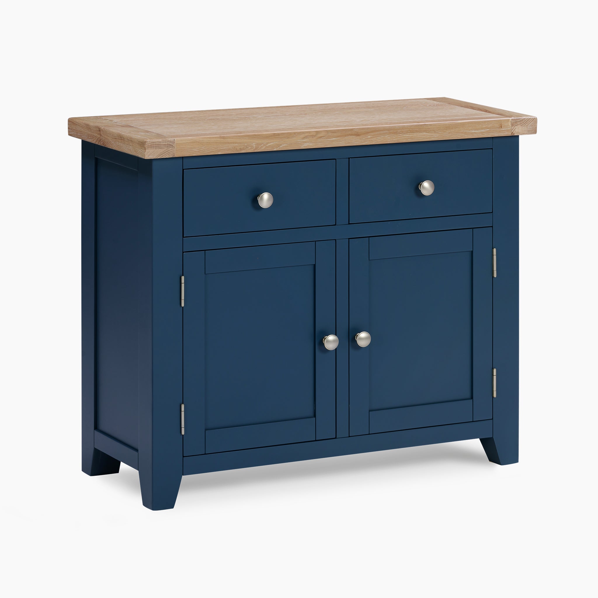 The Burford 2 Door 2 Drawers Sideboard in Navy Blue showcases a natural oak top and includes two drawers and two cabinet doors with metal knob accents.