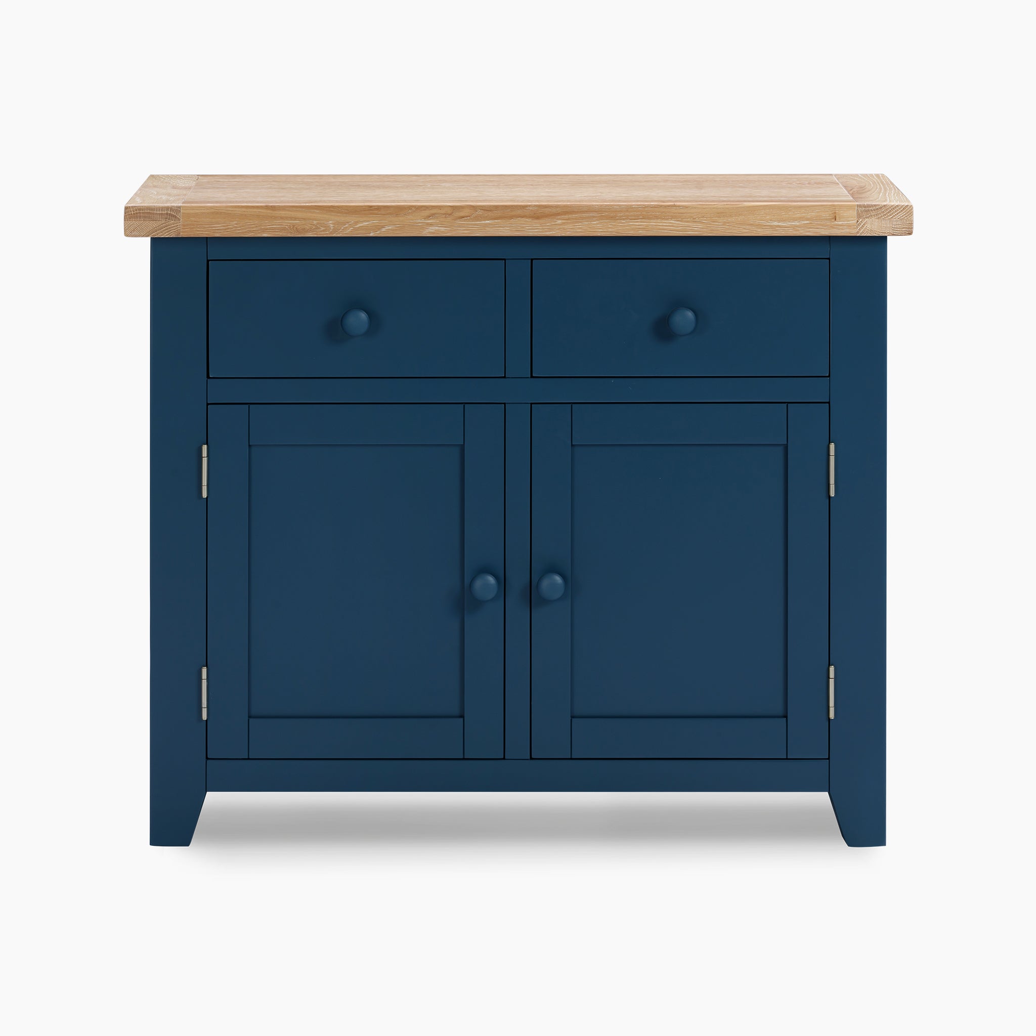 Introducing the Burford 2 Door 2 Drawers Sideboard in Navy Blue, featuring a cabinet with two drawers and two doors, complemented by a natural oak top.