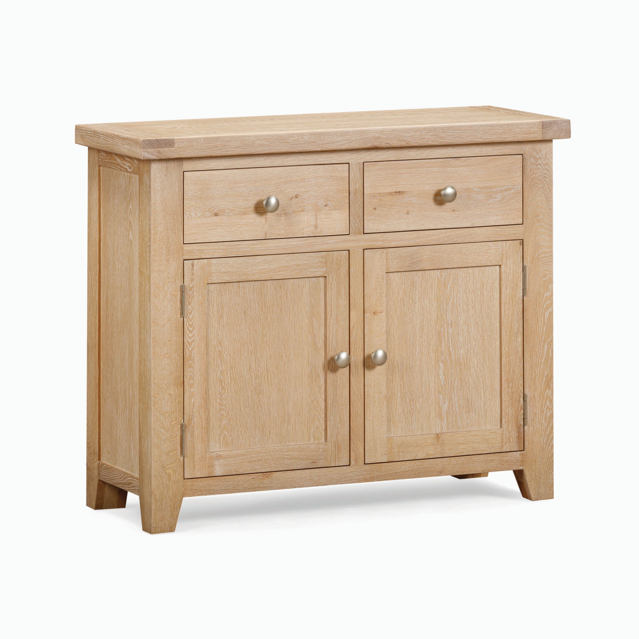 The Burford 2 Door 2 Drawers Sideboard in Natural Oak features two drawers on top and two cabinets below, all with round metallic handles.