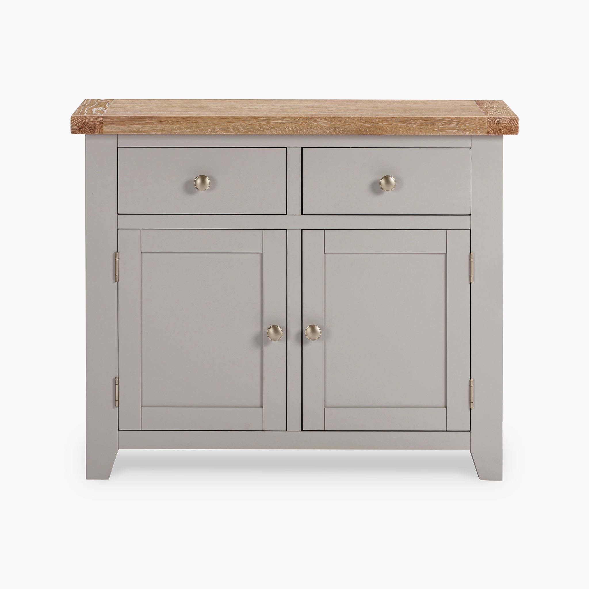 The Burford 2 Door 2 Drawers Sideboard in Pebble Grey showcases a natural oak top, complemented by two small drawers above two doors adorned with round knobs.