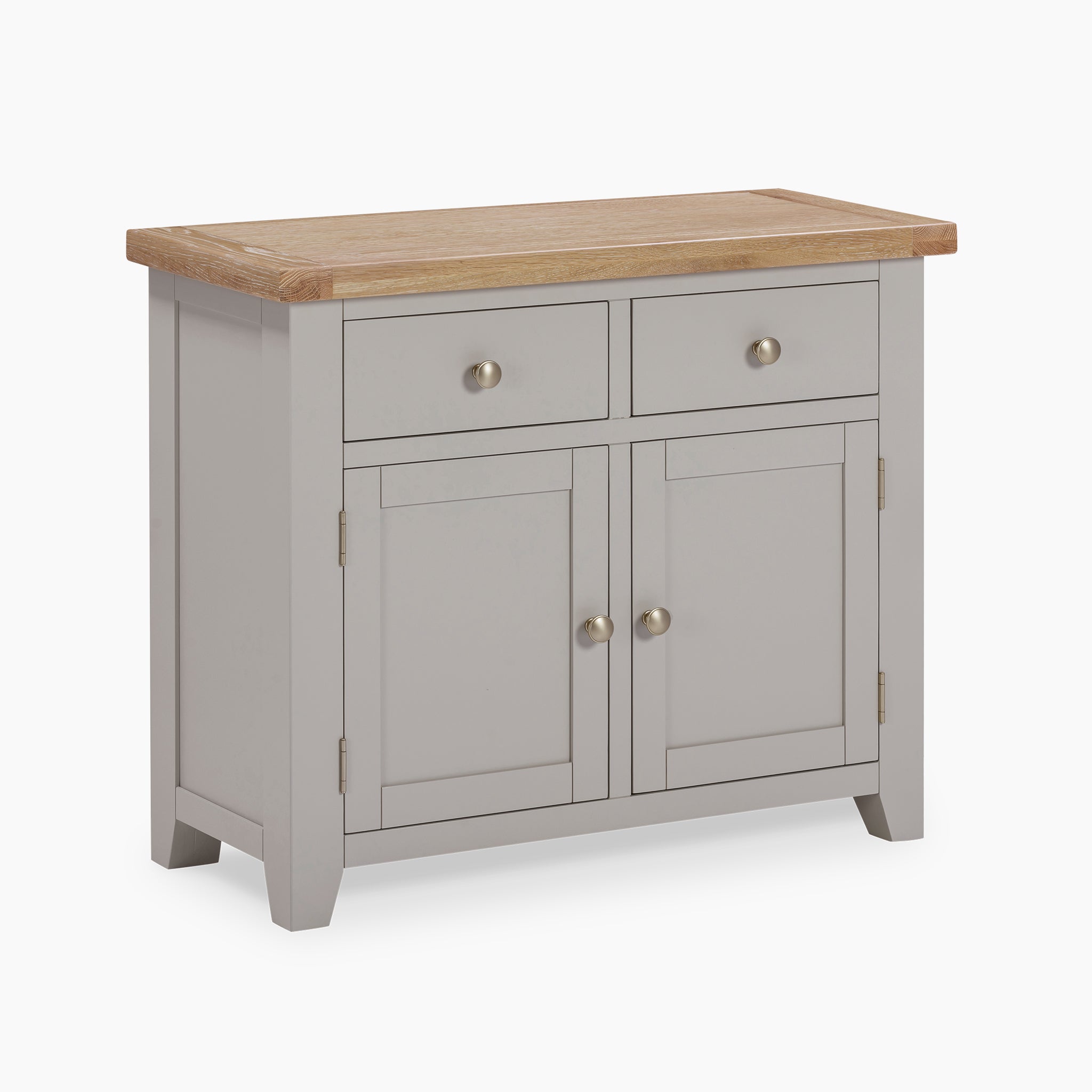 The Burford 2 Door 2 Drawers Sideboard in Pebble Grey showcases an elegant natural oak top and is equipped with two drawers and two cabinet doors adorned with round knobs, perfectly blending style with functionality.