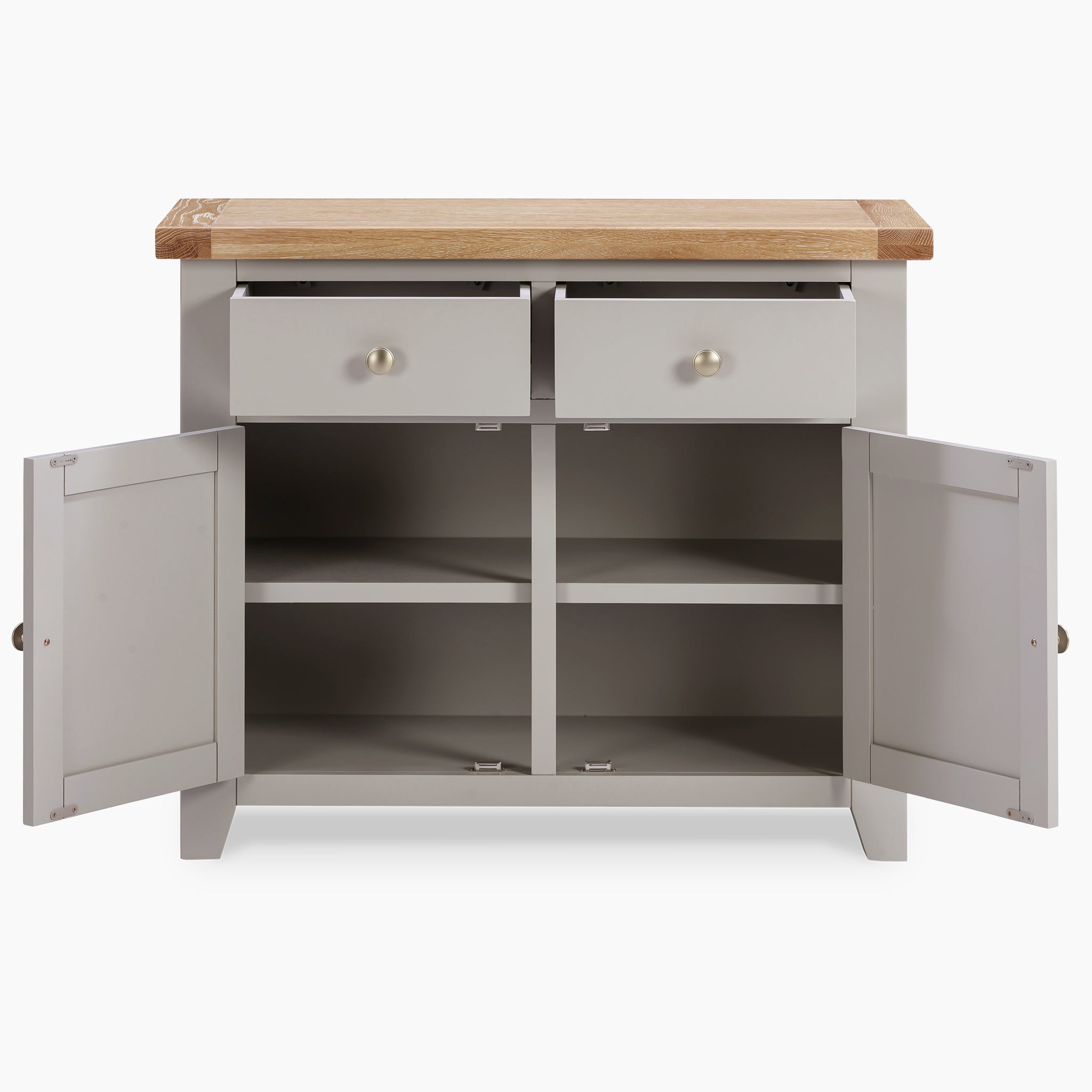 The Burford 2 Door 2 Drawers Sideboard in Pebble Grey showcases a natural oak top, two open drawers, and doors that open to reveal spacious shelves.