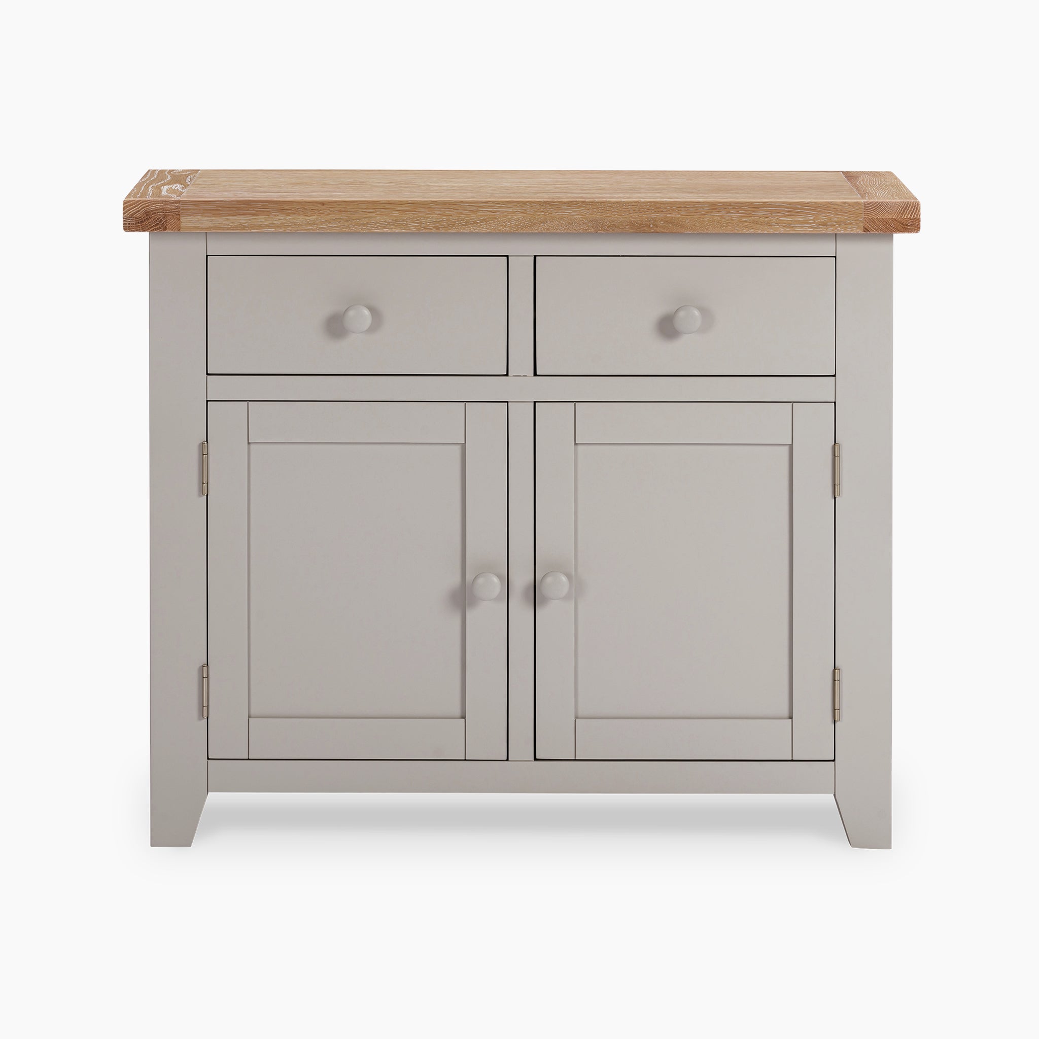 The Burford 2 Door 2 Drawers Sideboard in Pebble Grey boasts a natural oak surface, complemented by its stylish two drawers and two doors design.