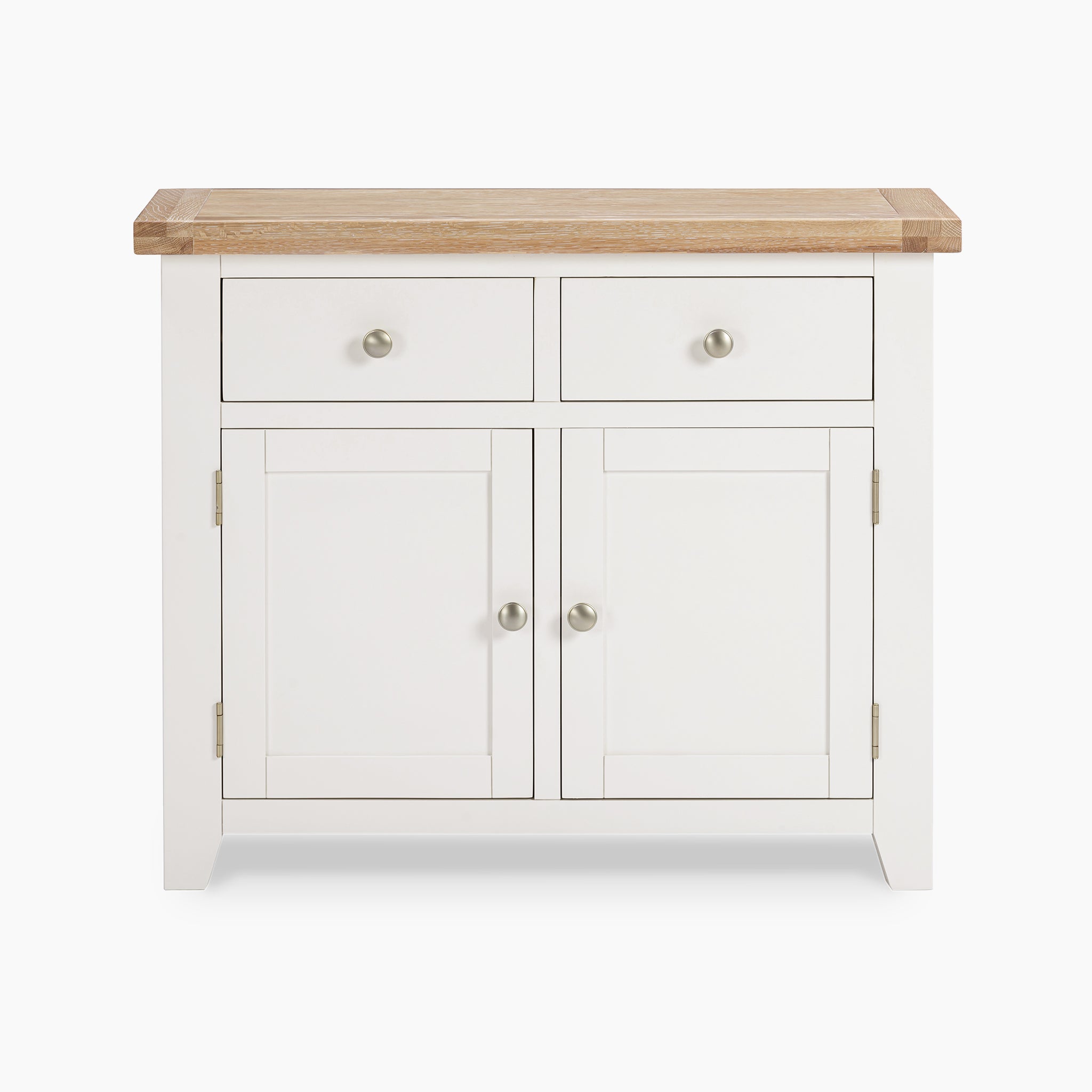 The Burford 2 Door 2 Drawers Sideboard in Warm White showcases a warm white finish with two drawers and two cabinets. Its sophisticated design is enhanced by a wooden top and metal knobs, making it the ideal oak sideboard for any home.