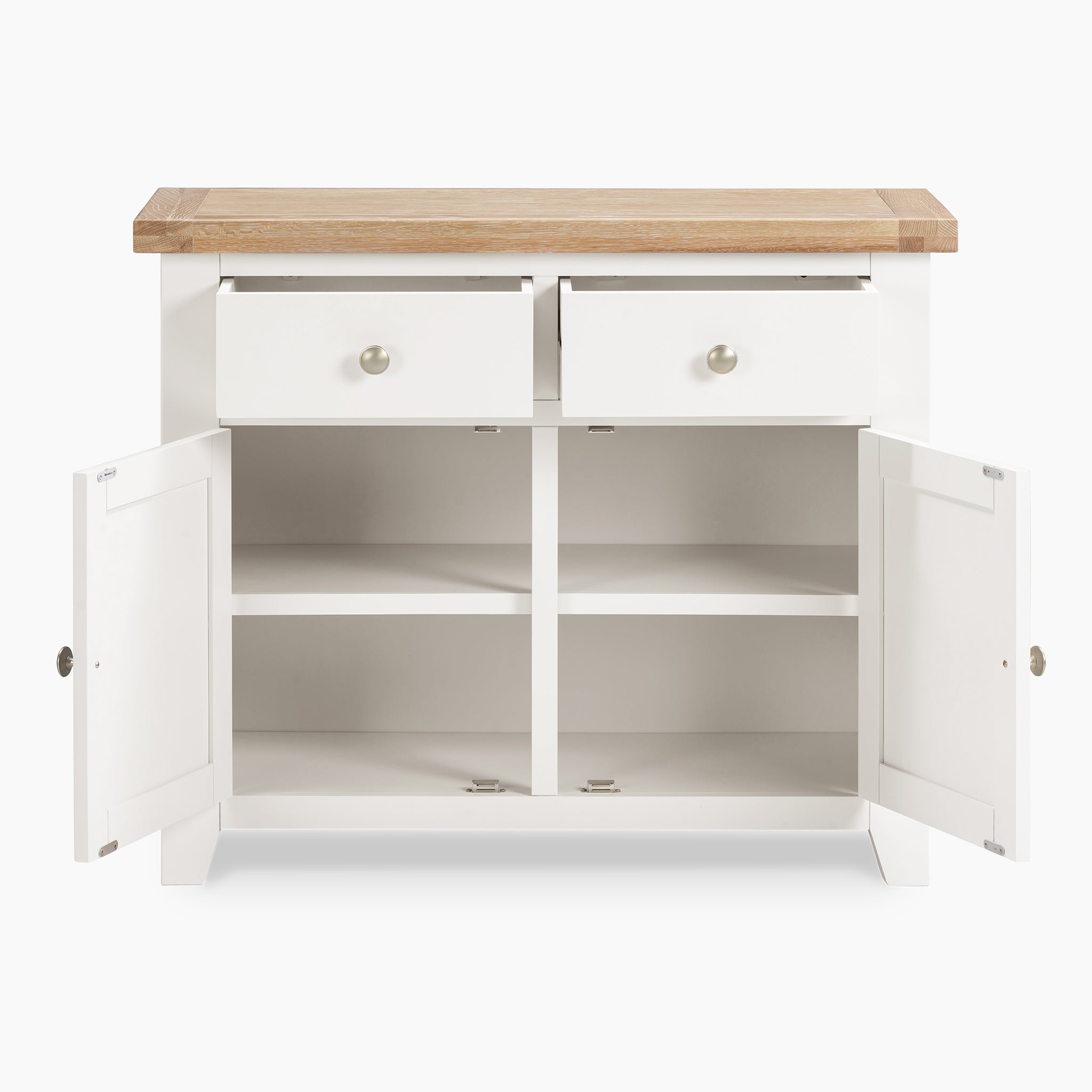 The Burford 2 Door 2 Drawers Sideboard in Warm White exemplifies timeless style with its oak accents, offering two open drawers and two cabinet doors that elegantly reveal four spacious shelves for all your storage needs.