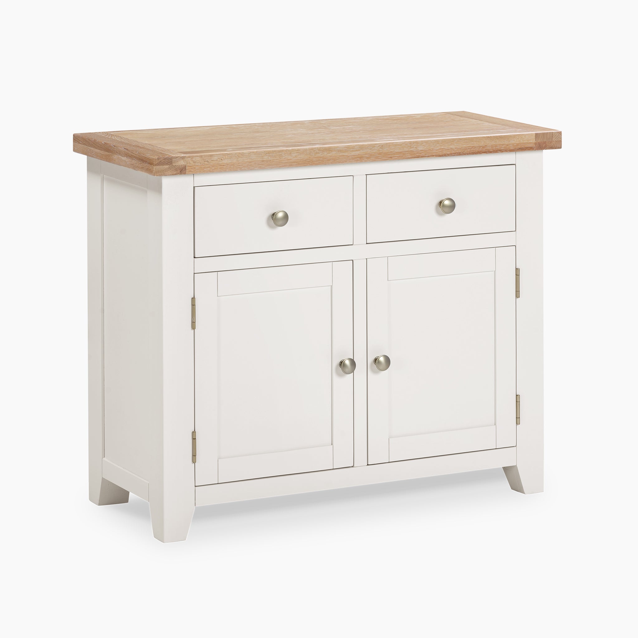 The Burford 2 Door 2 Drawers Sideboard in Warm White is a wooden sideboard featuring a natural wood top, with two drawers and two cabinet doors.