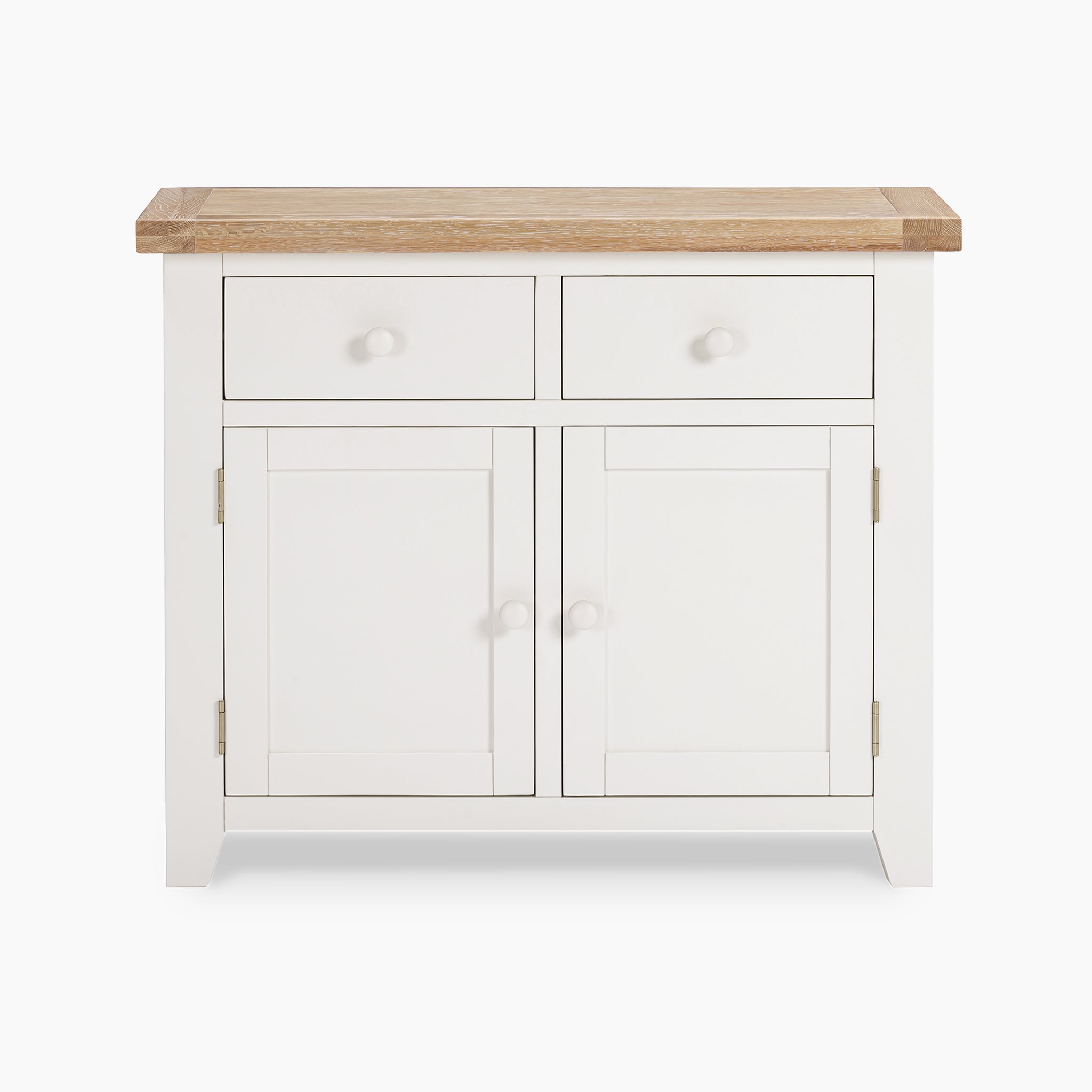 The Burford 2 Door 2 Drawers Sideboard in Warm White is a charming addition to any space, offering two drawers and doors with a warm white finish. It features a natural wood top that perfectly complements its elegant design.