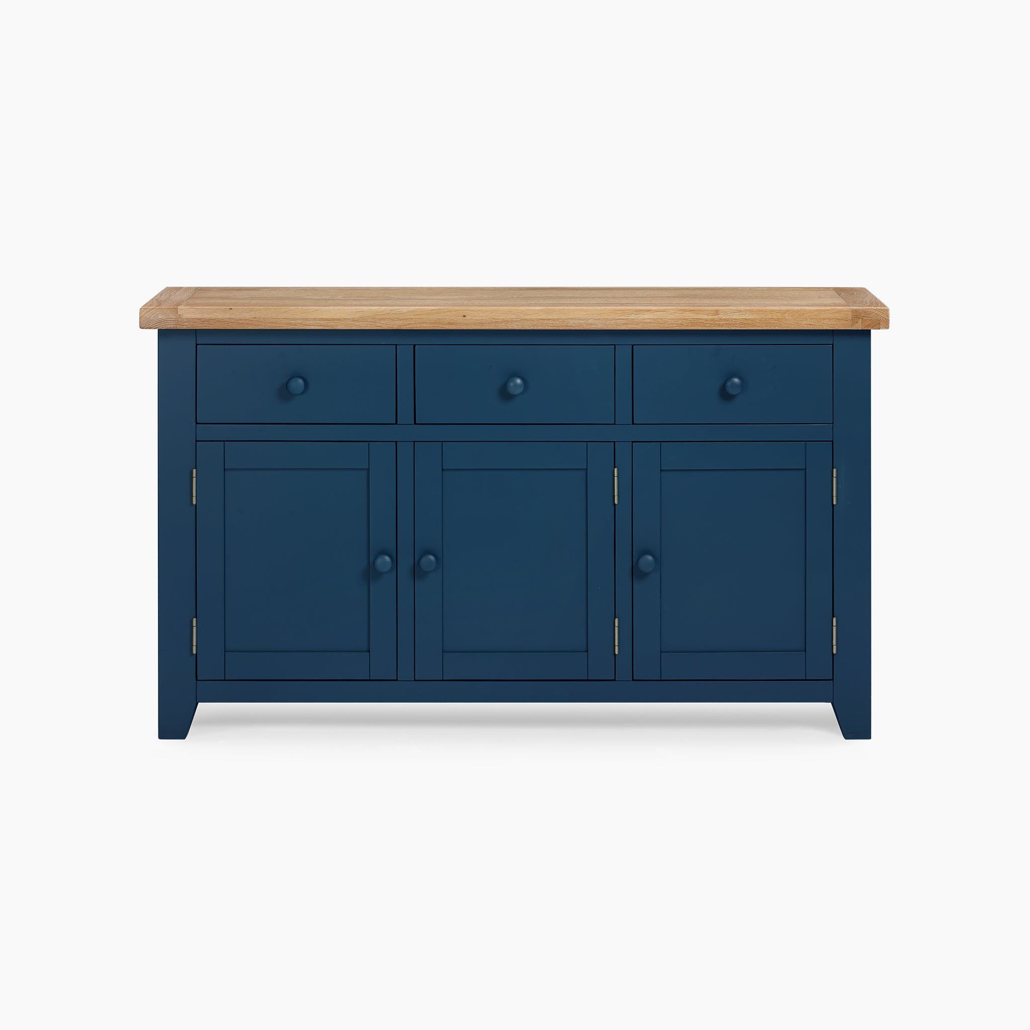 The Burford Large 3 Door 3 Drawers Sideboard in Navy Blue showcases a premium natural oak top and a navy blue finish, complete with three drawers and three cabinet doors.