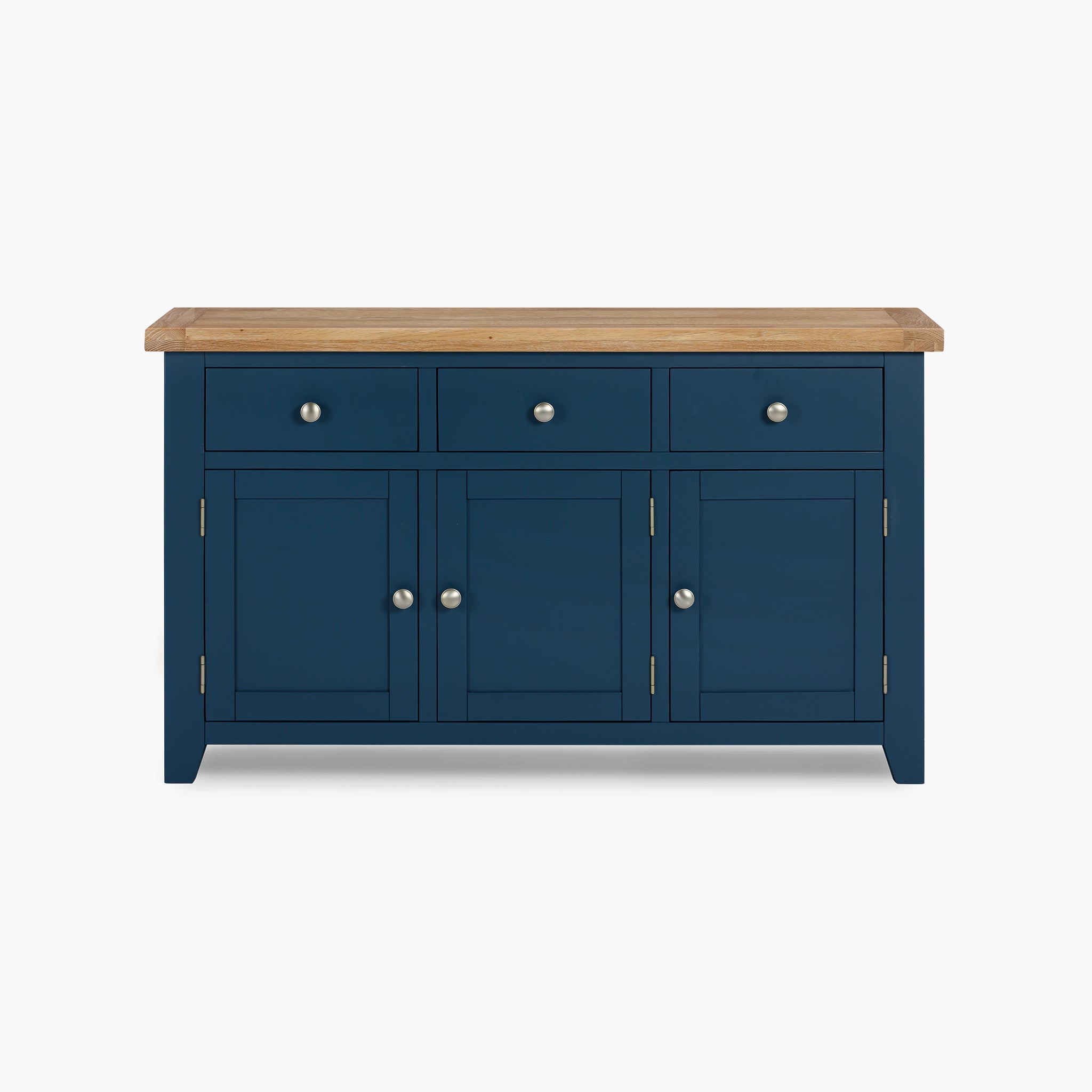 Discover the Burford Large Sideboard, featuring a sophisticated navy blue finish and a premium natural oak top. This stunning piece includes three drawers and three spacious cabinets, each complemented by sleek metal knobs, seamlessly merging practicality with elegance.