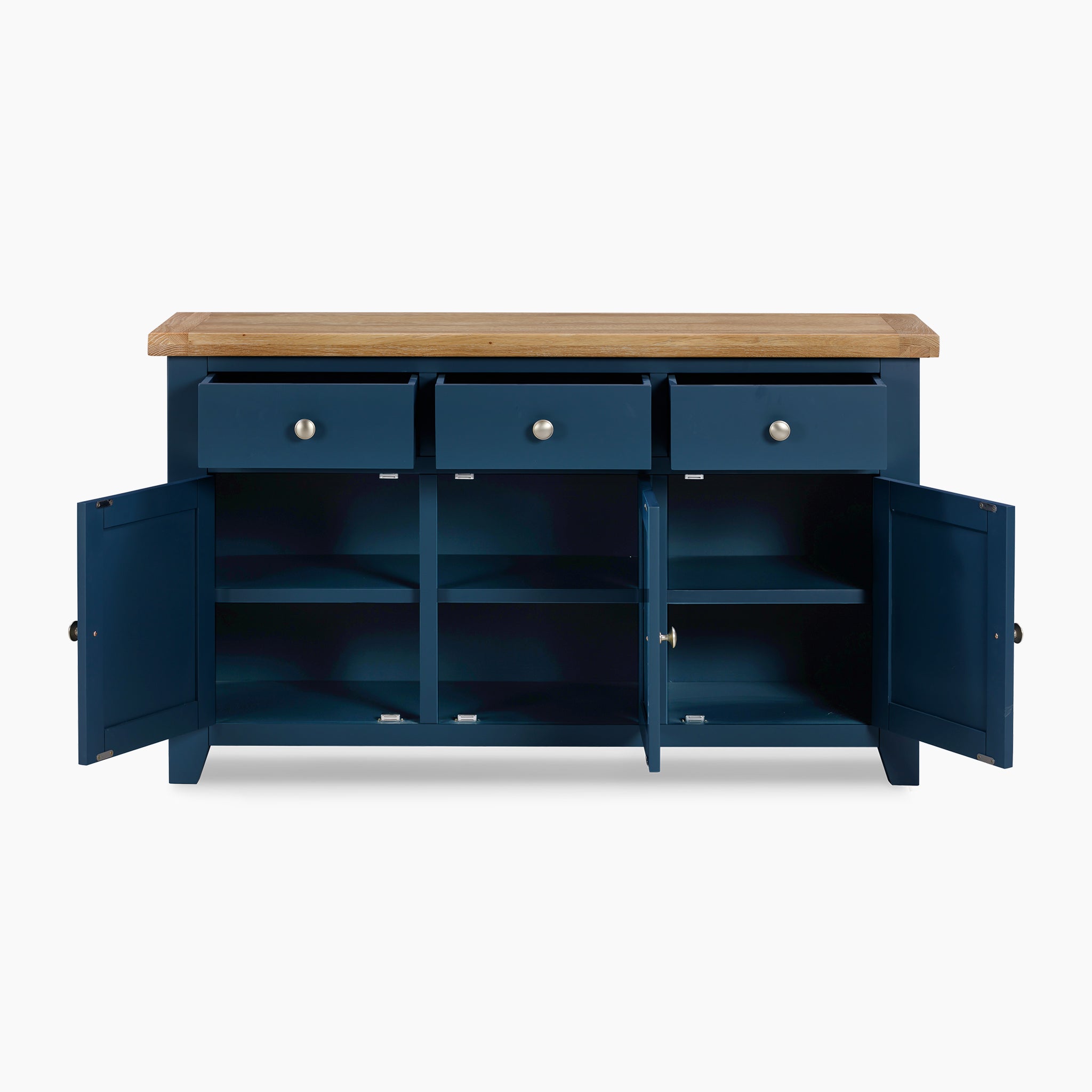 The Burford Large 3 Door 3 Drawers Sideboard in Navy Blue showcases a stunning combination of premium natural oak with a navy finish that enhances its wooden top. It includes three drawers and three doors, which open to reveal generous internal shelving for an elegant and functional design.