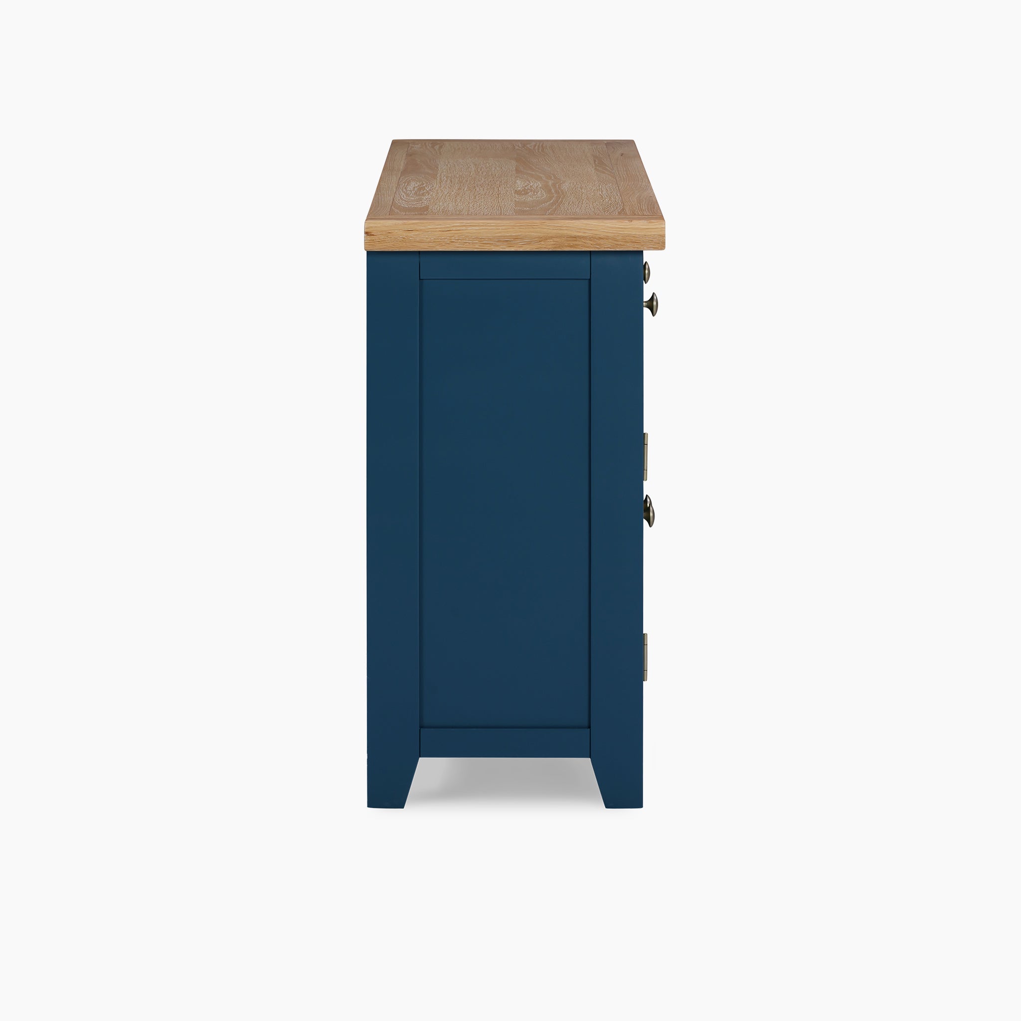 Side view of a navy blue Burford Large 3 Door 3 Drawers Sideboard, featuring a premium natural oak top, set against a white background.