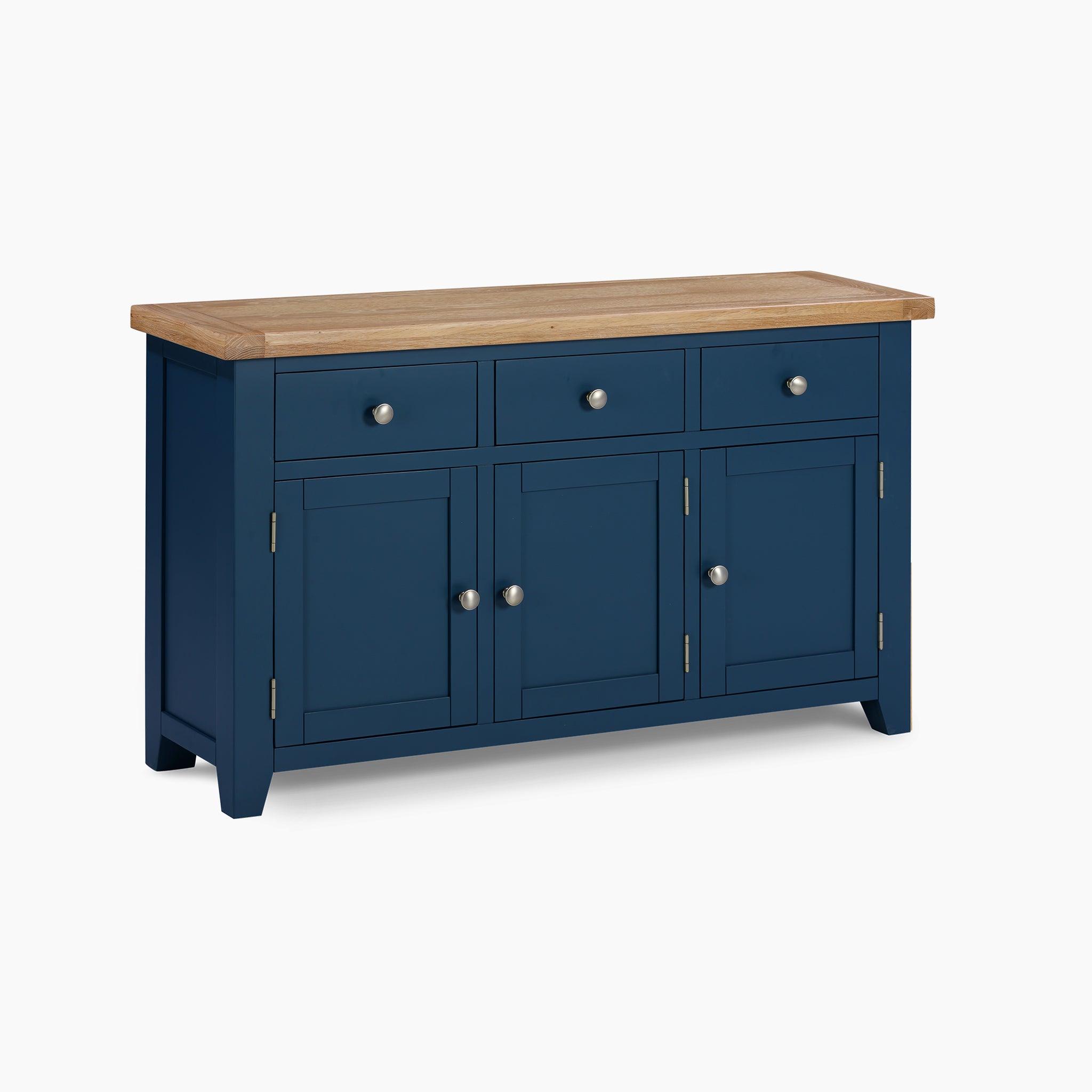 The Burford Large 3 Door 3 Drawers Sideboard in Navy Blue is a stunning piece featuring a premium natural oak top. It includes three drawers and three cabinets, each accented with elegant metal knobs, offering both style and functionality for any space.