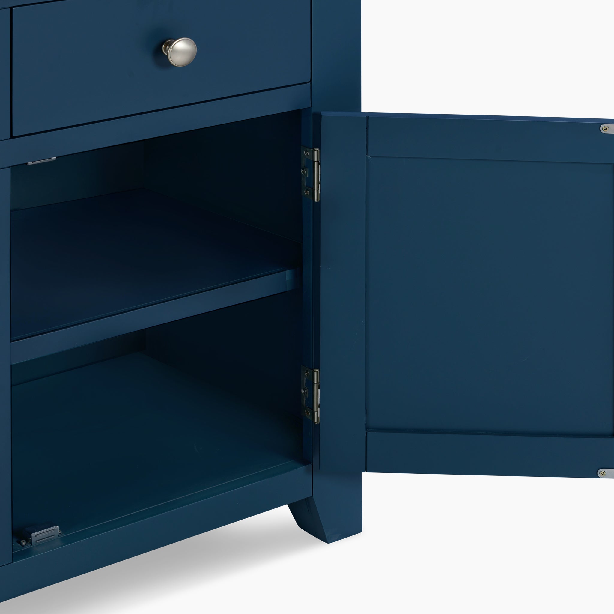 The Burford Large 3 Door 3 Drawers Sideboard in Navy Blue showcases an open cabinet with two shelves, highlighted by a sleek silver knob on the drawer above. Its premium natural oak finish adds a touch of elegance to any space.