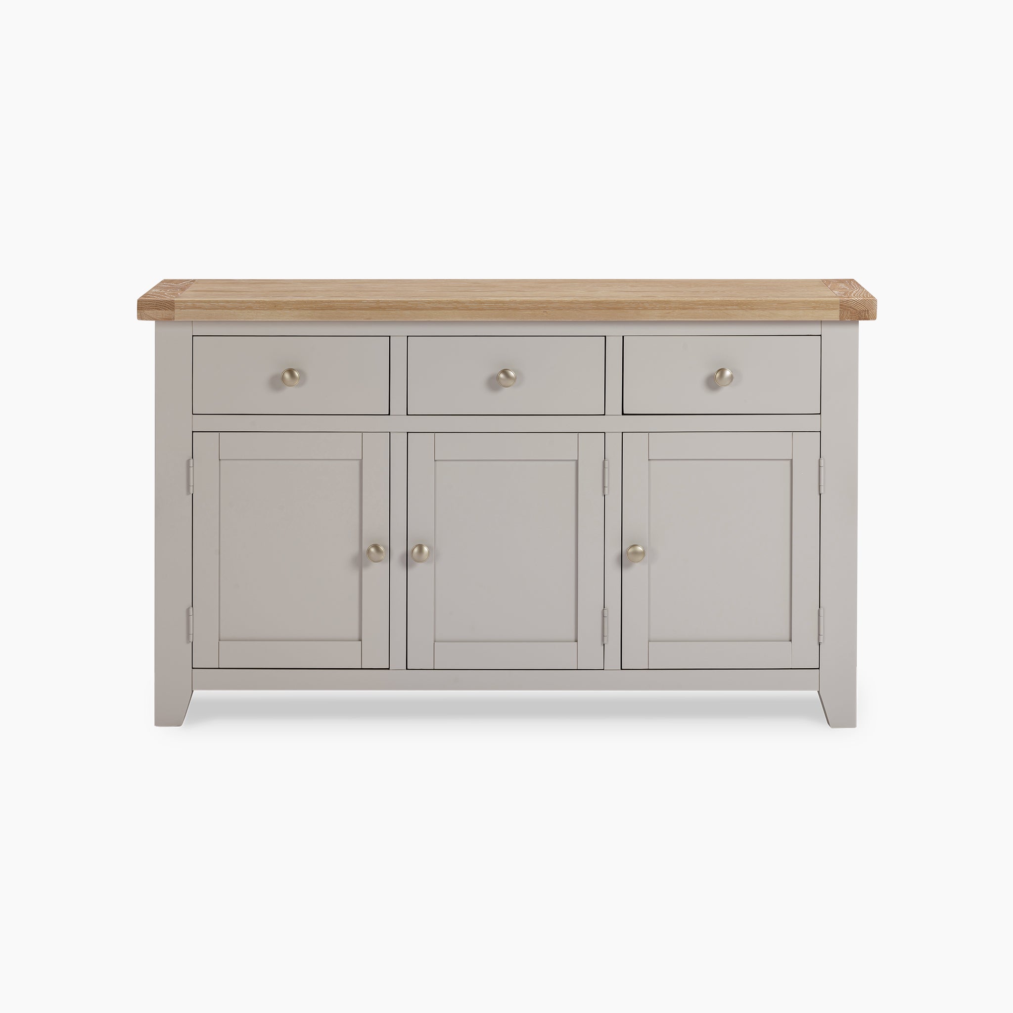 The Burford Large 3 Door 3 Drawers Sideboard in Pebble Grey features a natural oak top in light brown and a beautifully crafted pebble grey base, complemented by three drawers and three cabinets.