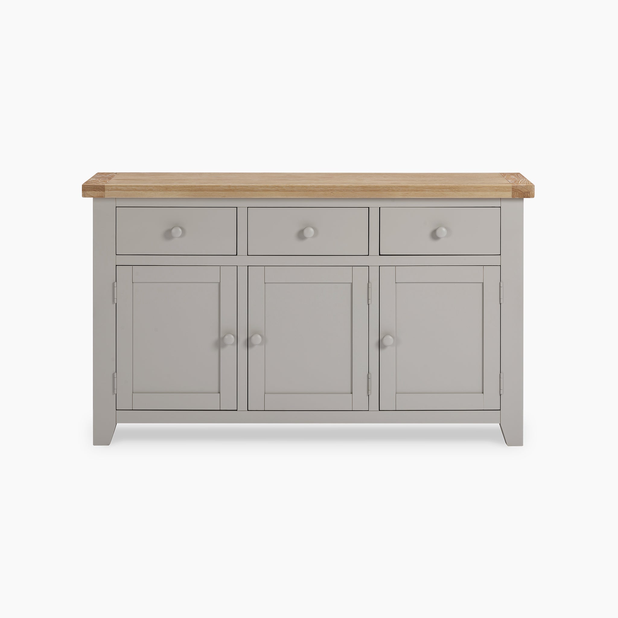 Introducing the Burford Large 3 Door 3 Drawers Sideboard in a soothing Pebble Grey finish, featuring a natural oak wooden top. This piece boasts three spacious drawers and three cabinet doors, seamlessly combining elegance and functionality.