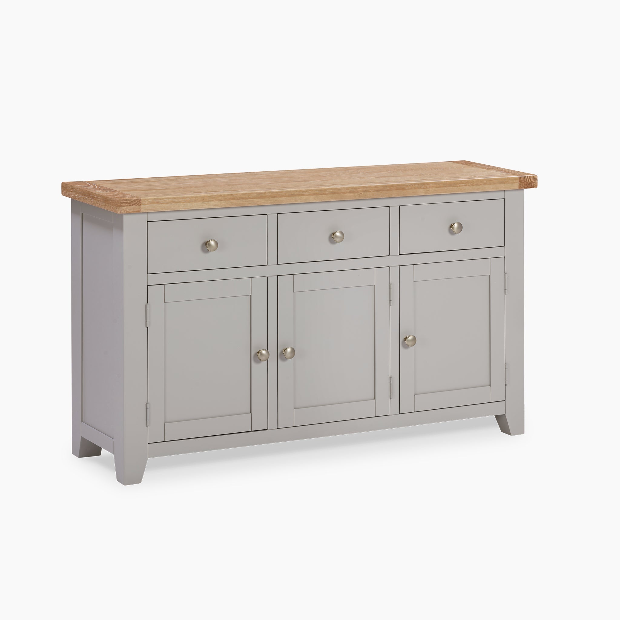 The Burford Large 3 Door 3 Drawers Sideboard in Pebble Grey showcases a natural oak top and includes three drawers and three cabinets, each accented with round metal knobs.