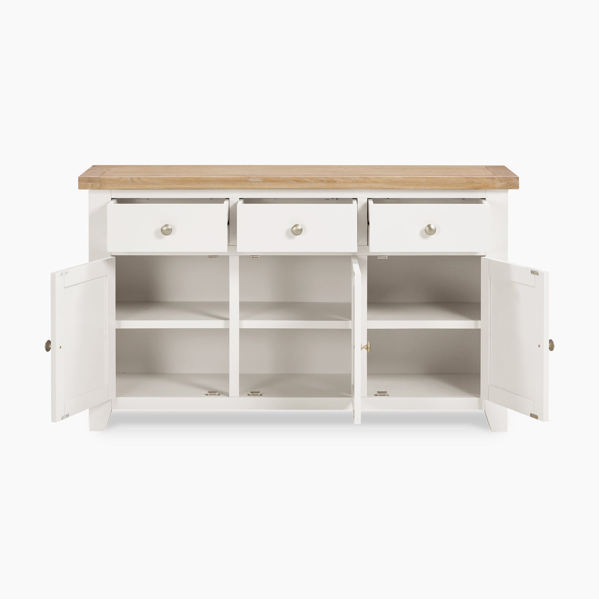 The Burford Large 3 Door 3 Drawers Sideboard in Warm White is a wooden piece that features three drawers and three open cabinet sections below, providing ample storage with a hint of natural oak charm.