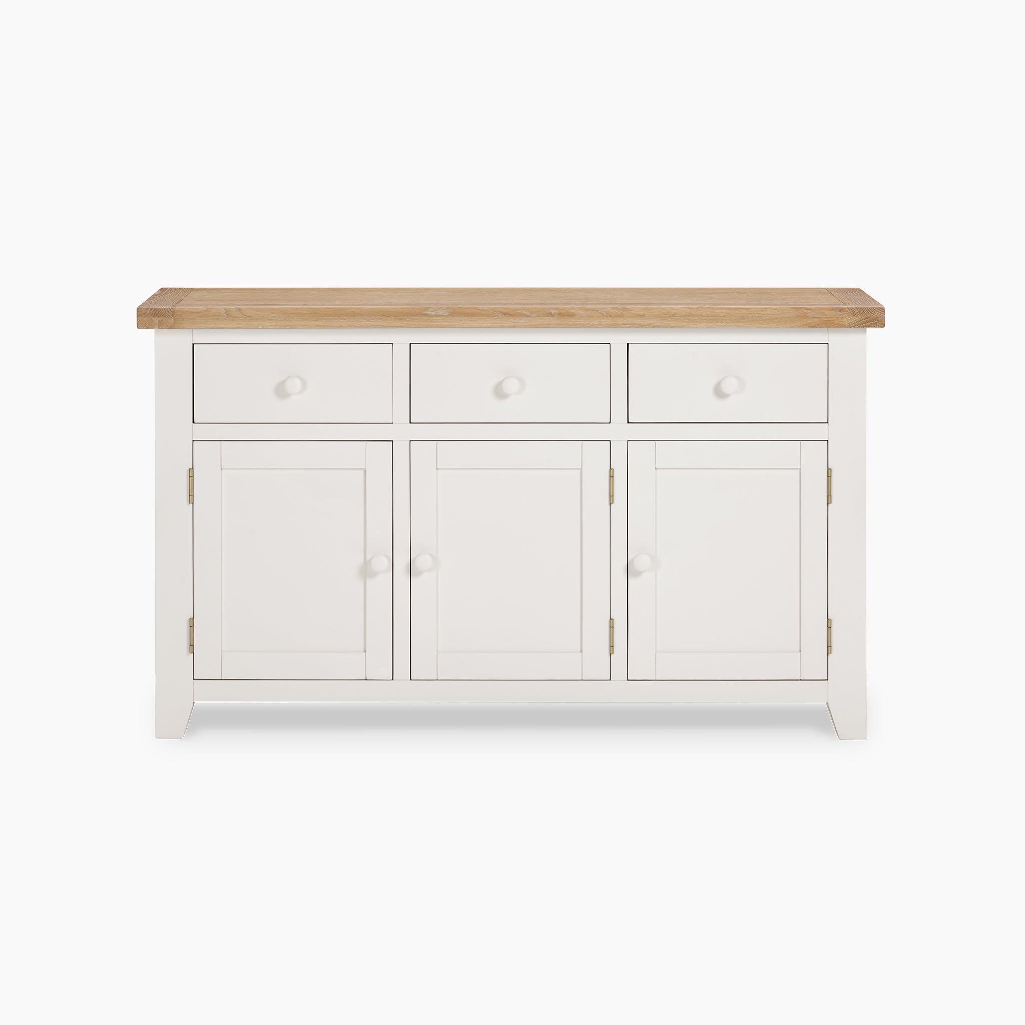 The Burford Large 3 Door 3 Drawers Sideboard in Warm White is a wooden storage piece featuring three drawers and three cabinets, elegantly topped with natural oak, all set against a pristine white background.