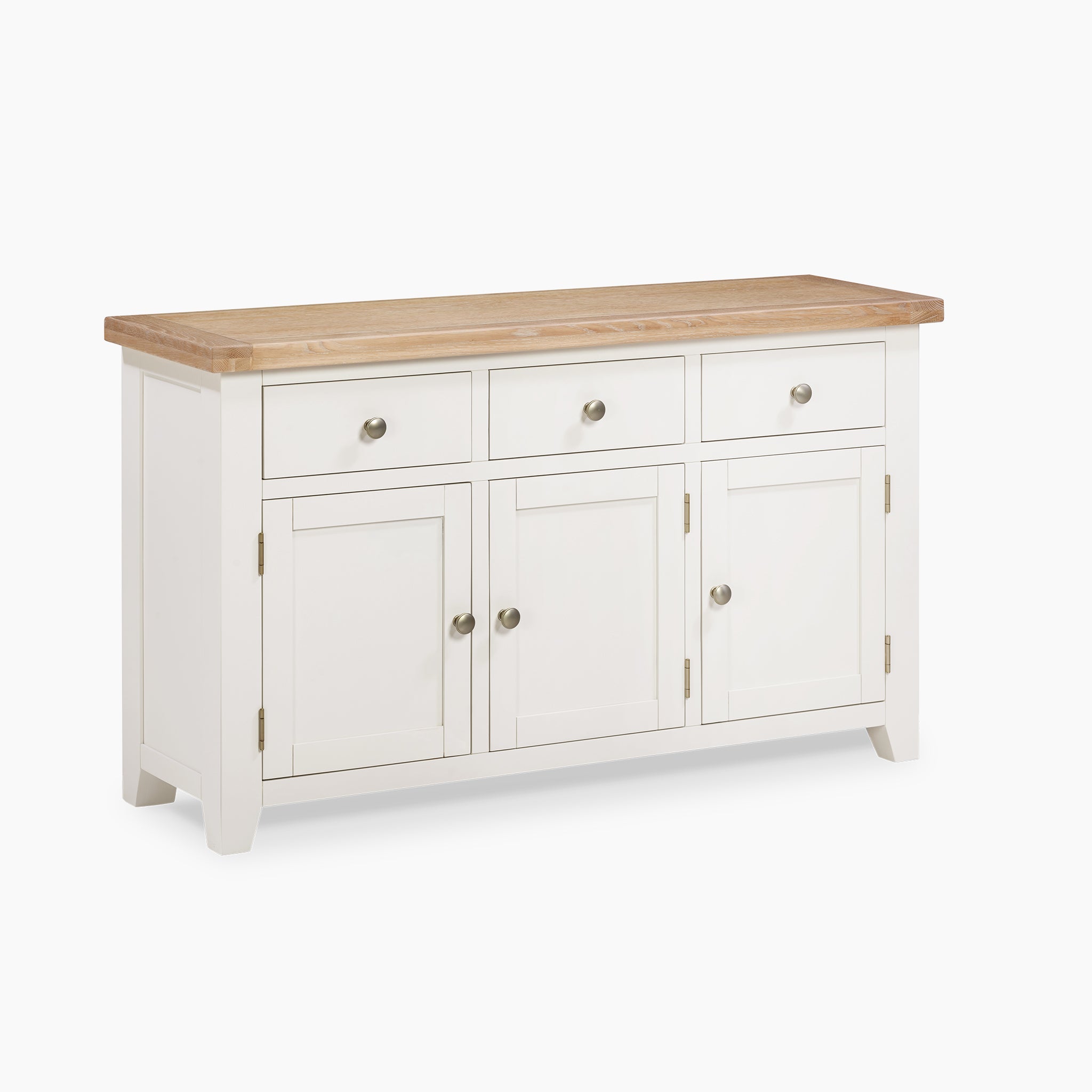 The Burford Large 3 Door 3 Drawers Sideboard in Warm White provides generous storage space with its natural oak wooden top and chic white finish. It includes three drawers and three cabinets, all enhanced with sophisticated metal handles.