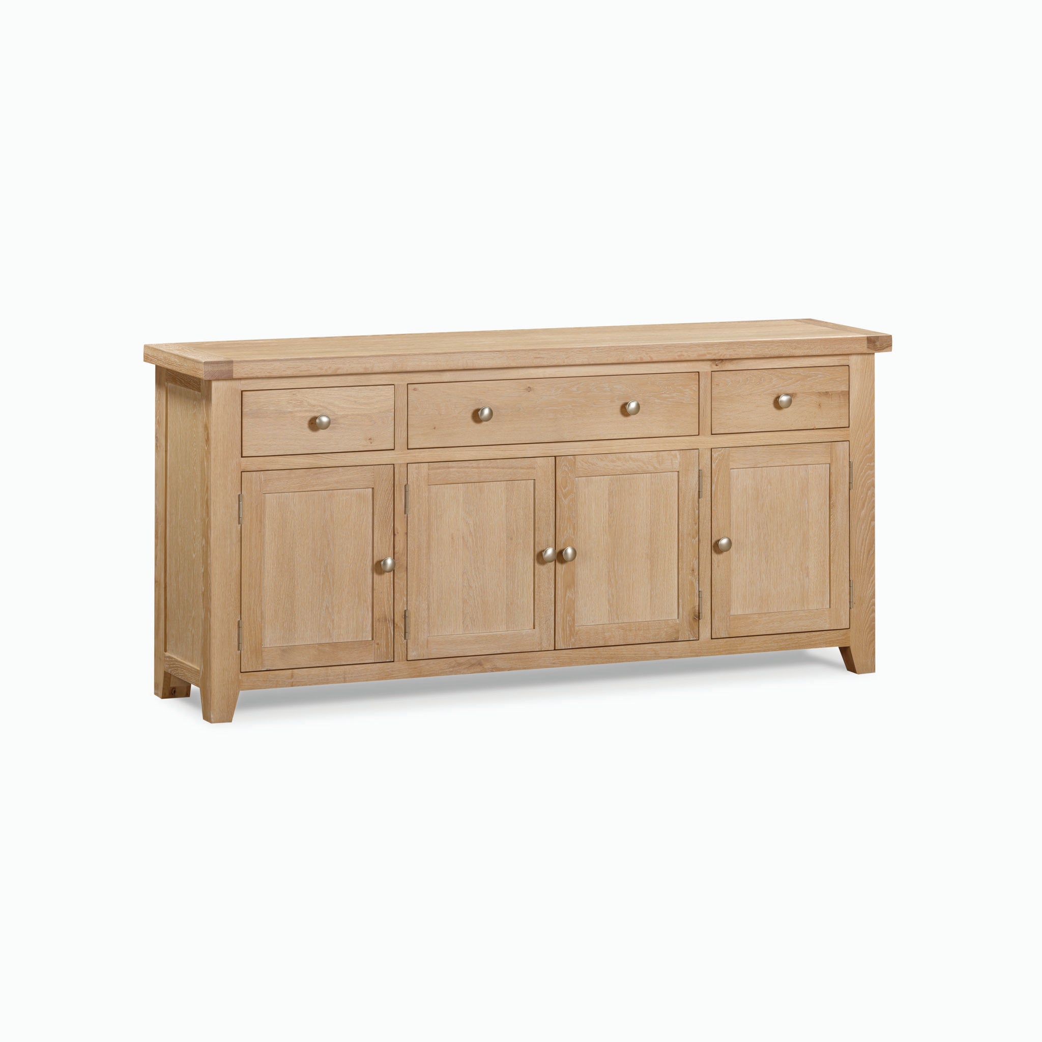 The Burford Large 4 Door 3 Drawer Sideboard in Natural Oak is a wooden sideboard featuring four doors and three drawers, with round handles against a light background, making it an elegant piece of storage furniture.