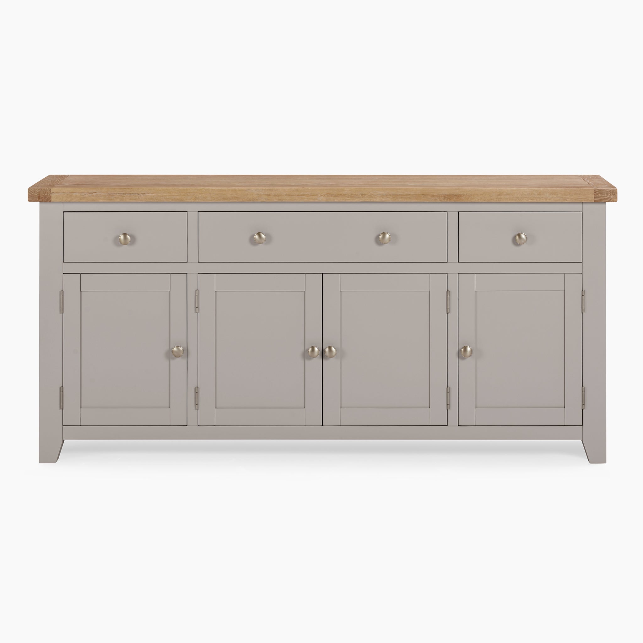 The Burford Large 4 Door 3 Drawers Sideboard in Pebble Grey exudes contemporary elegance with its wooden top and metallic handles, featuring three drawers and spacious storage across four cabinets.