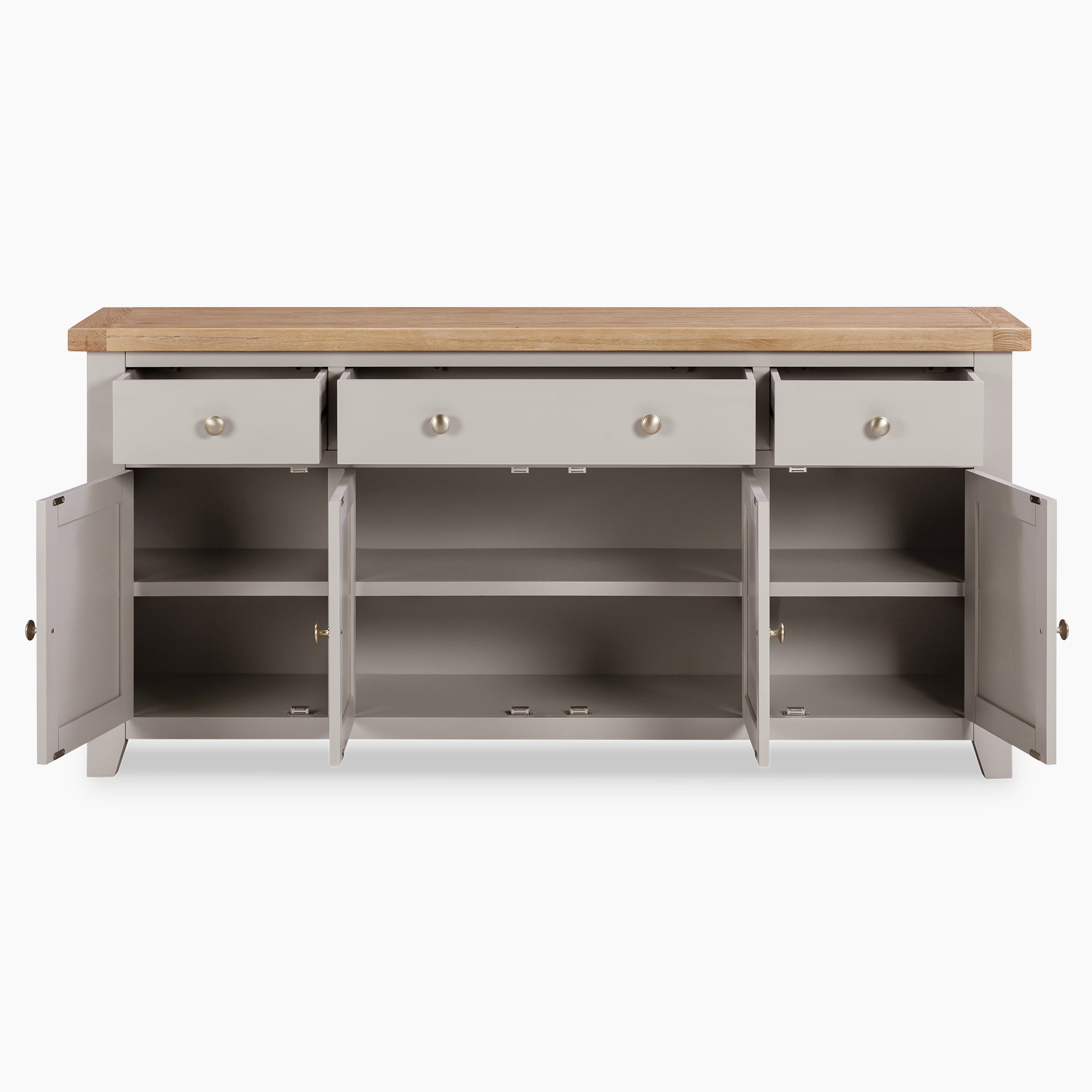 The Burford Large 4 Door 3 Drawers Sideboard in Pebble Grey exudes contemporary elegance with its sleek gray finish and wooden top, providing ample storage with its combination of open shelves and drawers.