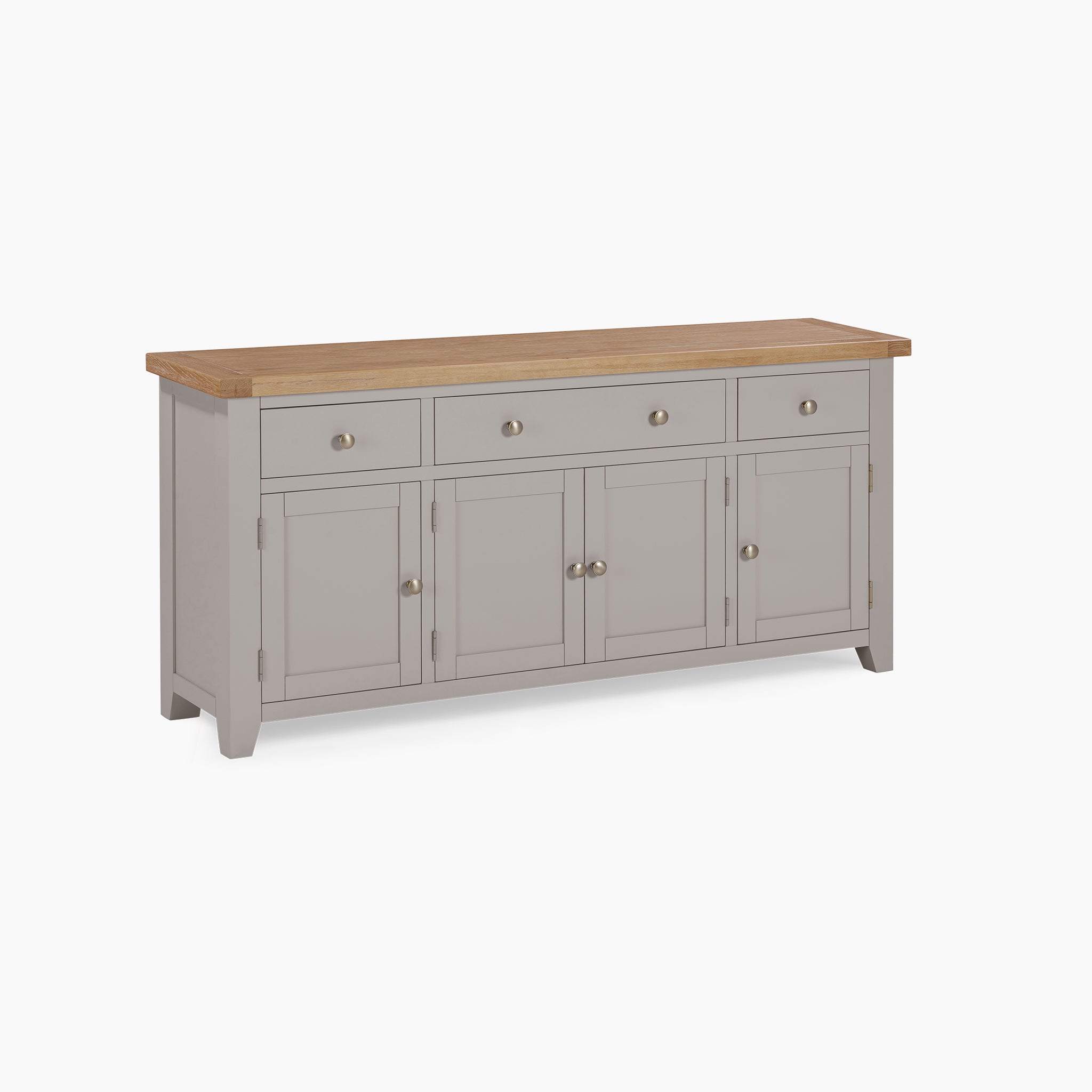 The Burford Large 4 Door 3 Drawers Sideboard in Pebble Grey offers spacious storage with three drawers and four cabinet doors. Its wooden top adds a touch of contemporary elegance, all set against a white background.