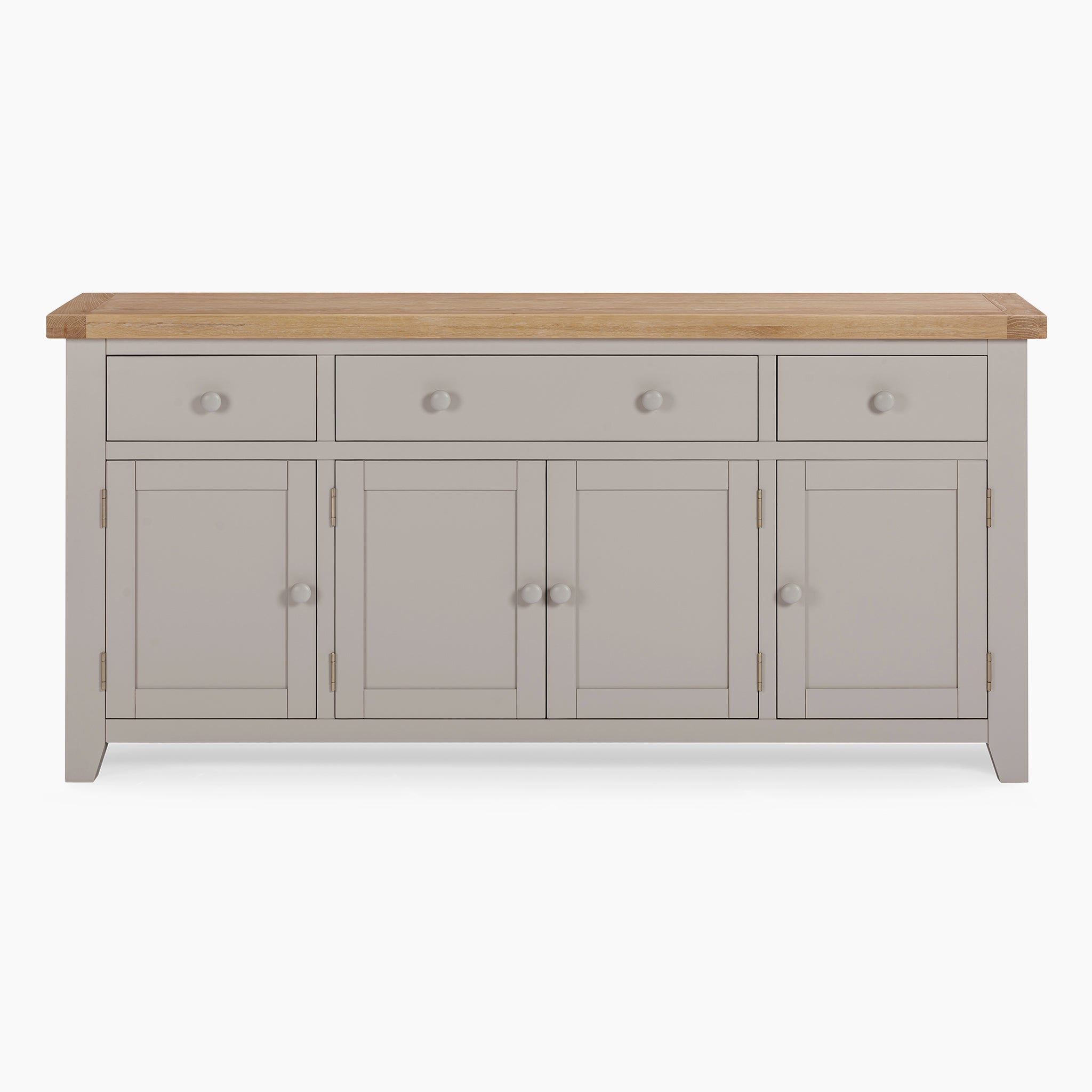 The Burford Large 4 Door 3 Drawers Sideboard in Pebble Grey exudes contemporary elegance with its three drawers and four cabinet doors, complemented by a light brown top reminiscent of natural oak. Offering spacious storage, it's both stylish and functional for any modern home.