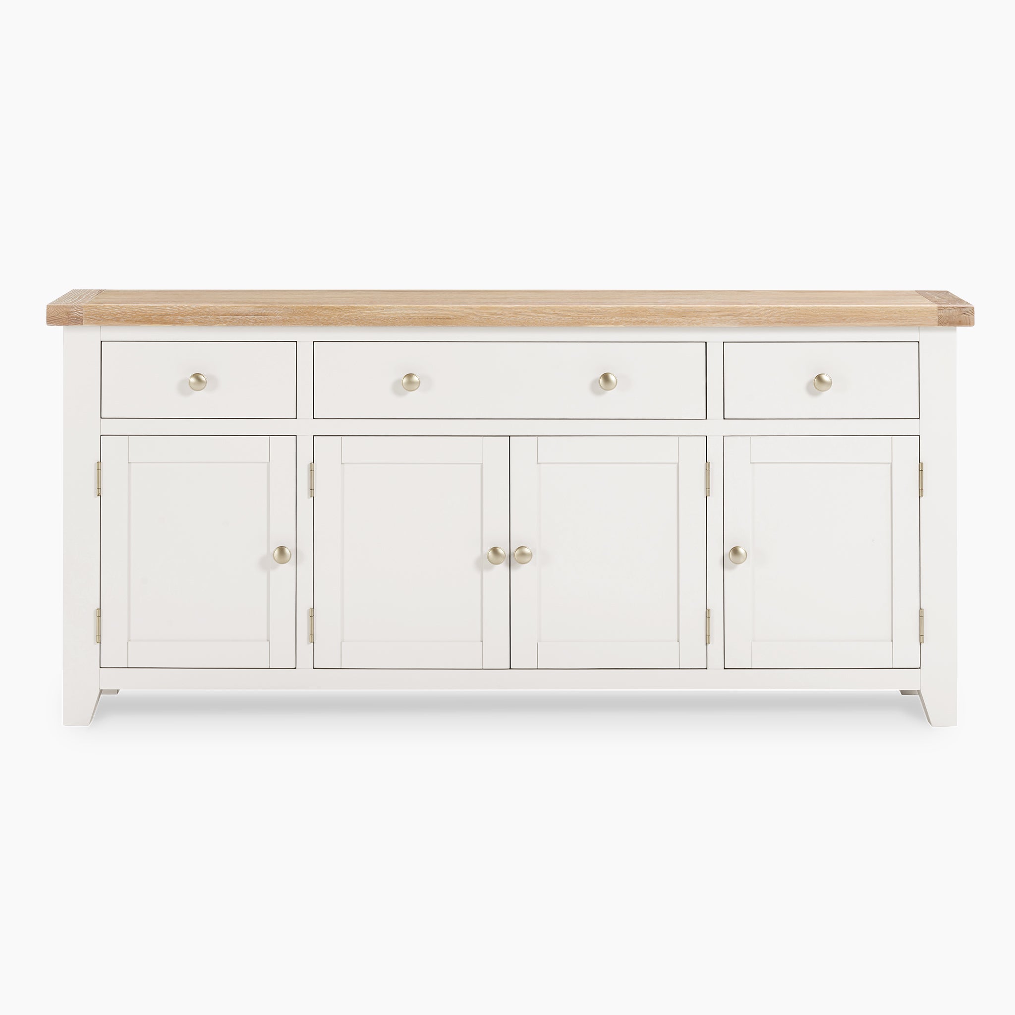 Burford Large 4 Door 3 Drawers Sideboard in Warm White, featuring a natural oak top, three drawers, and four cabinet doors with silver knobs, perfect for elegant storage solutions.