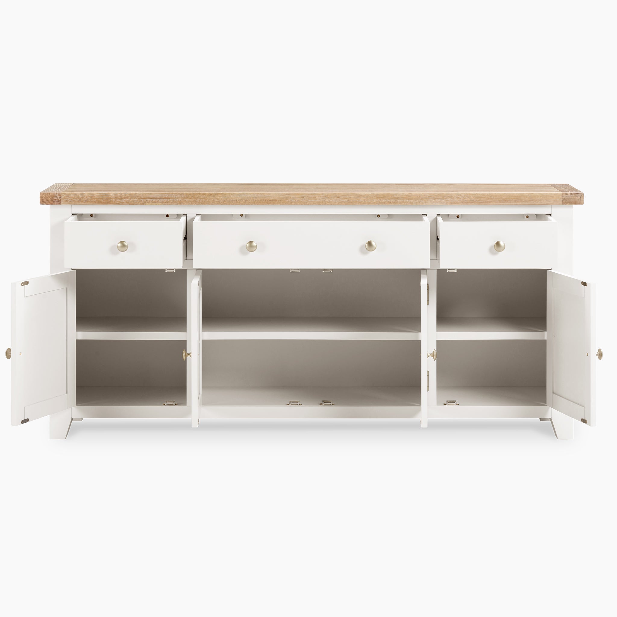 The Burford Large 4 Door 3 Drawers Sideboard in Warm White is an elegant piece with a natural oak top, featuring three open drawers and three spacious cabinets with shelves to offer ample storage.