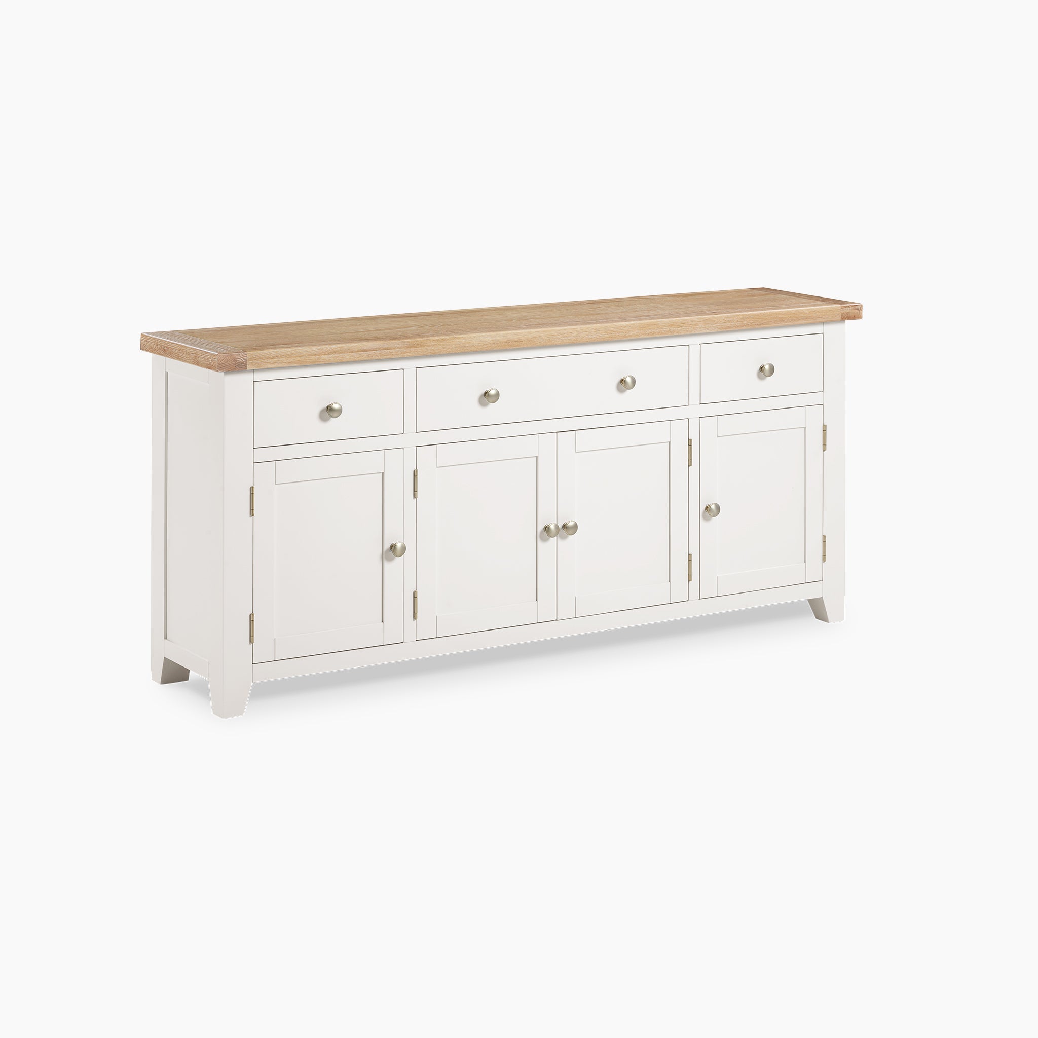 The Burford Large 4 Door 3 Drawers Sideboard in Warm White provides ample storage with its natural oak top, three drawers, and four cabinet doors, set against a crisp white background.