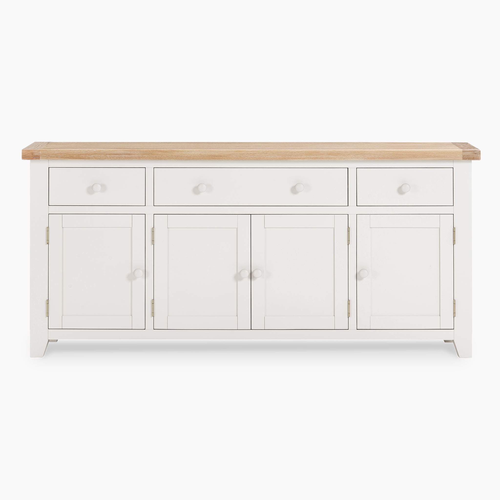 Burford Large 4 Door 3 Drawers Sideboard in Warm White, featuring a natural oak finish with three drawers and four cabinet doors, accentuated by a light wood top for stylish storage.