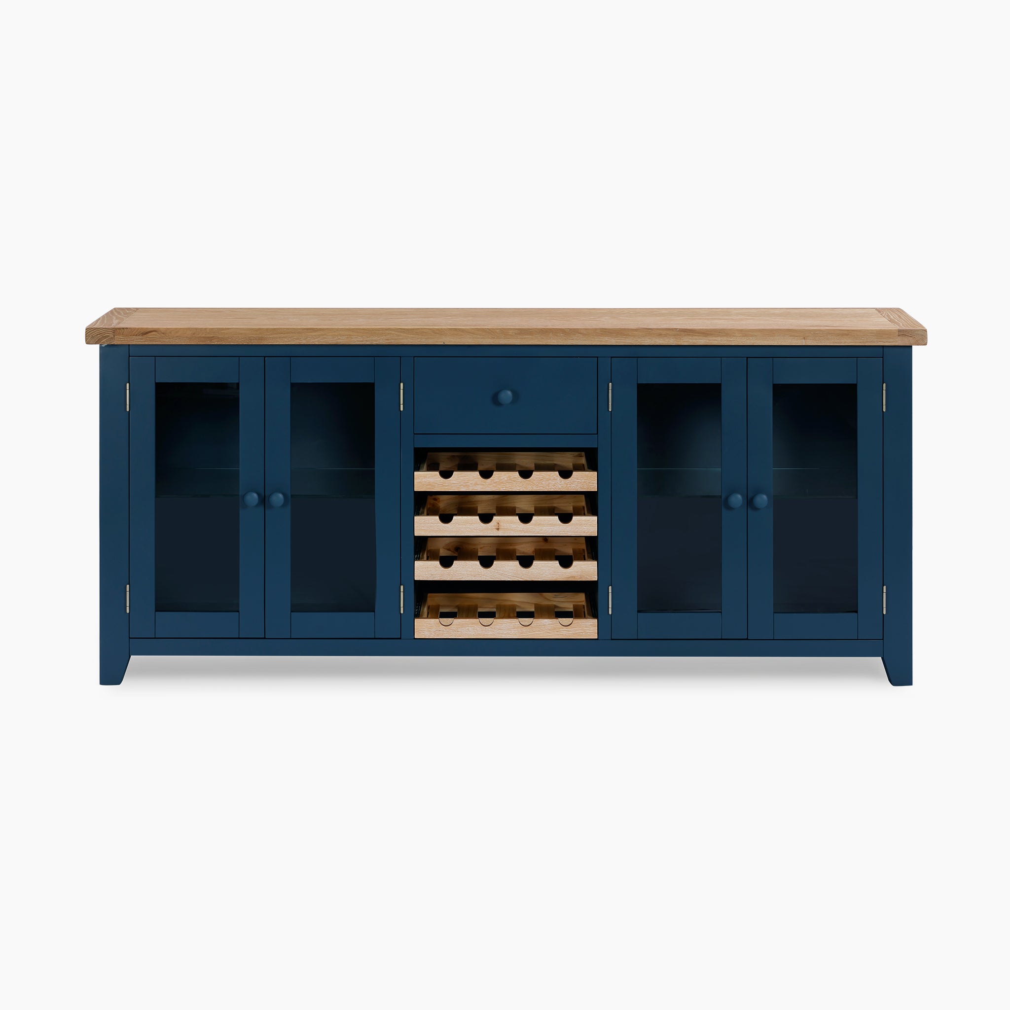 The Burford Grand Sideboard with Wine Rack in Navy Blue showcases a stylish navy blue finish, highlighted by a central oak wine rack. It features a wooden top, glass doors, and a central drawer, combining elegance with functionality.