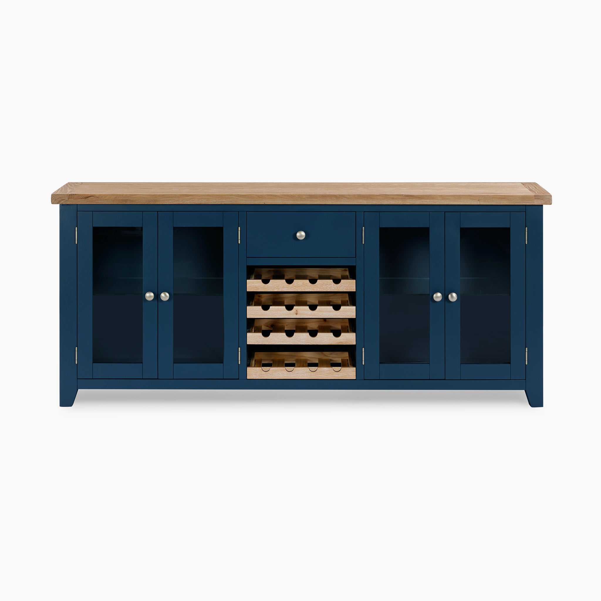 The Burford Grand Sideboard with Wine Rack in Navy Blue showcases a stunning wooden top, glass cabinet doors, a central drawer, and an elegantly integrated oak wine rack.