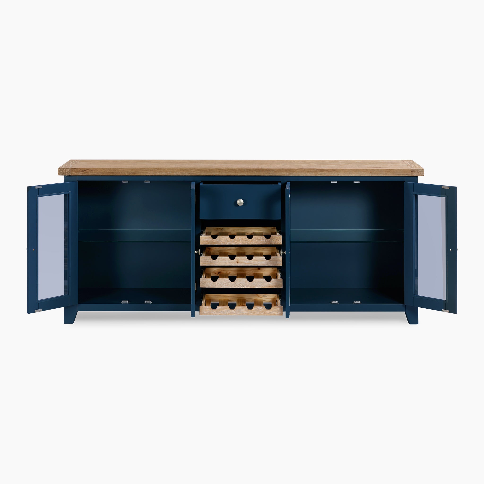 The Burford Grand Sideboard with Wine Rack in Navy Blue showcases a navy blue finish that perfectly complements its natural wood top. Opening the cabinet doors reveals central walnut shelves that are ideal for storage, while its timeless design effortlessly enhances any living space.