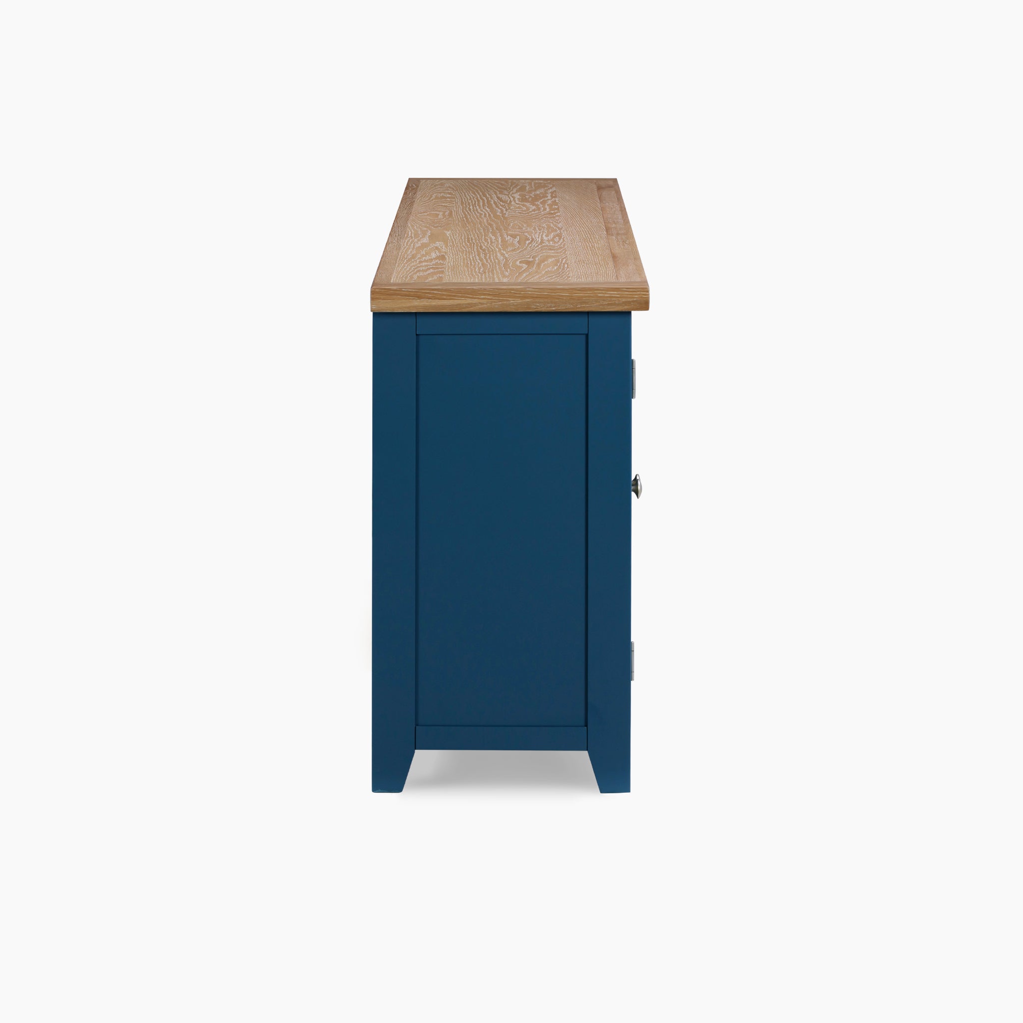 Side view of the Burford Grand Sideboard with Wine Rack in navy blue, featuring a wooden top, set against a white background.