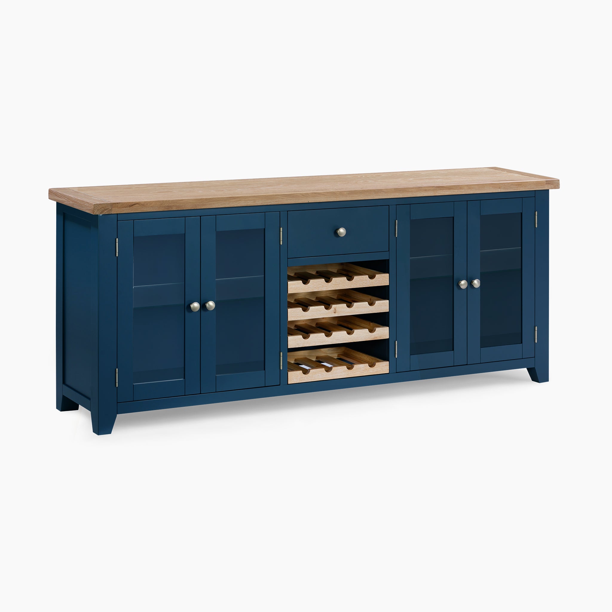 Introducing the Burford Grand Sideboard with Wine Rack in Navy Blue: a beautiful wooden piece featuring a sophisticated natural wood top. It offers multiple doors for generous storage and includes a central oak wine rack, seamlessly combining style and functionality for your dining or living area.