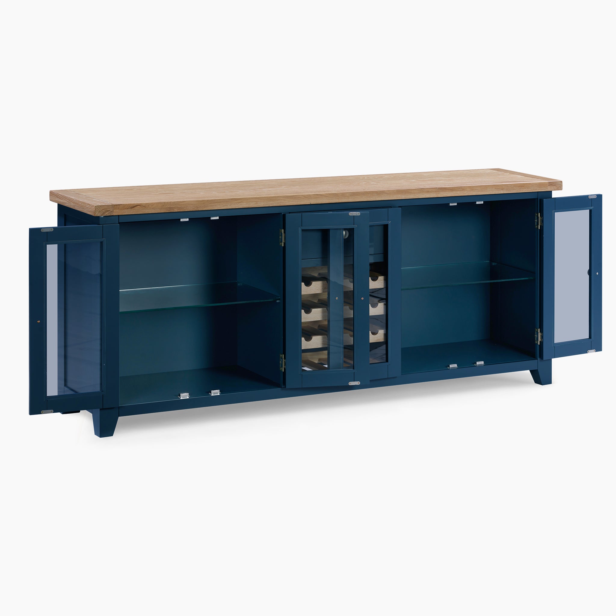 The Burford Grand Sideboard with Wine Rack in Navy Blue features a navy blue finish complemented by a wooden top. It showcases elegant glass doors, interior shelving, and a central oak wine rack for added functionality and charm.