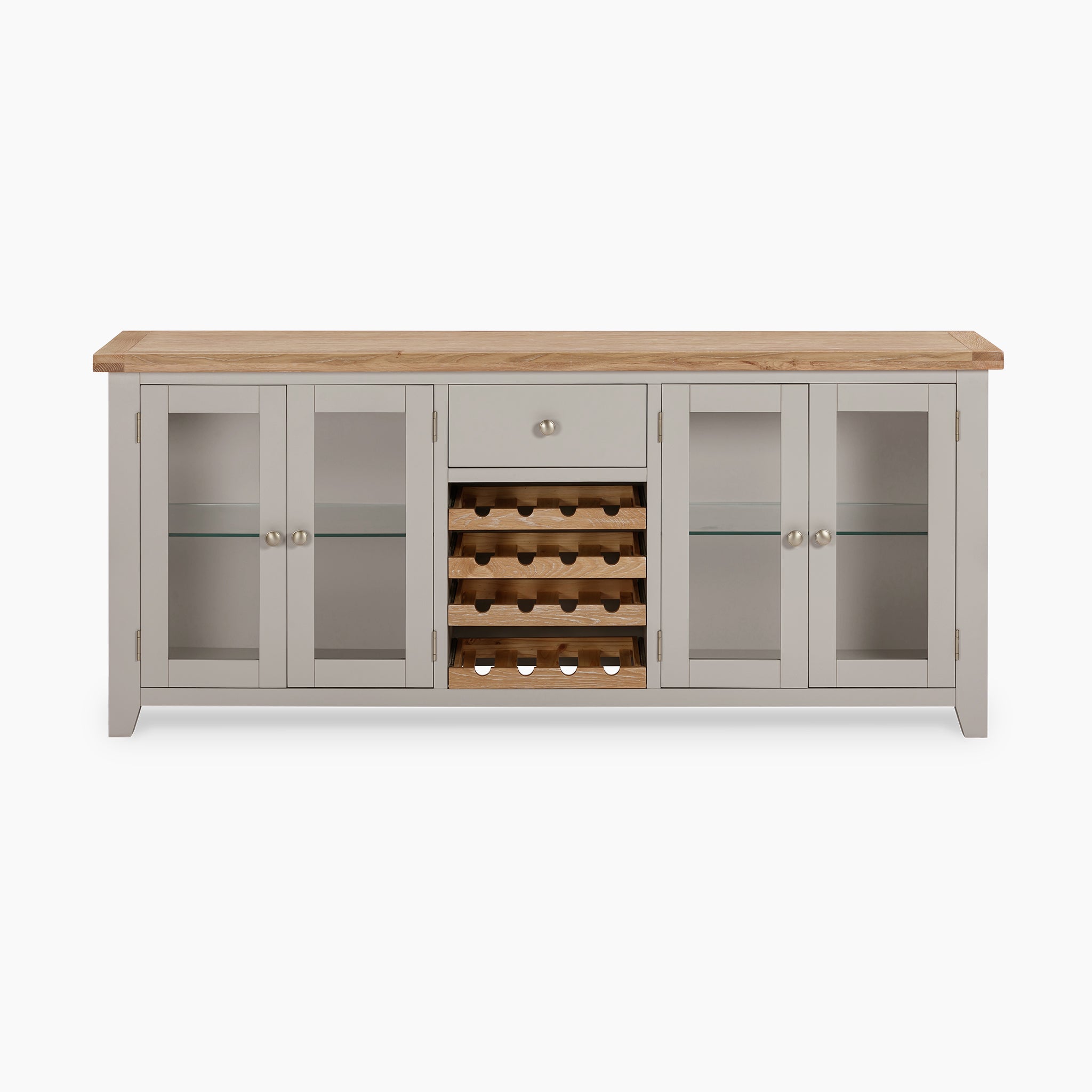 The Burford Grand Sideboard with Wine Rack in Pebble Grey showcases two glass-panel cabinets and a central wine rack, complemented by a convenient drawer above.